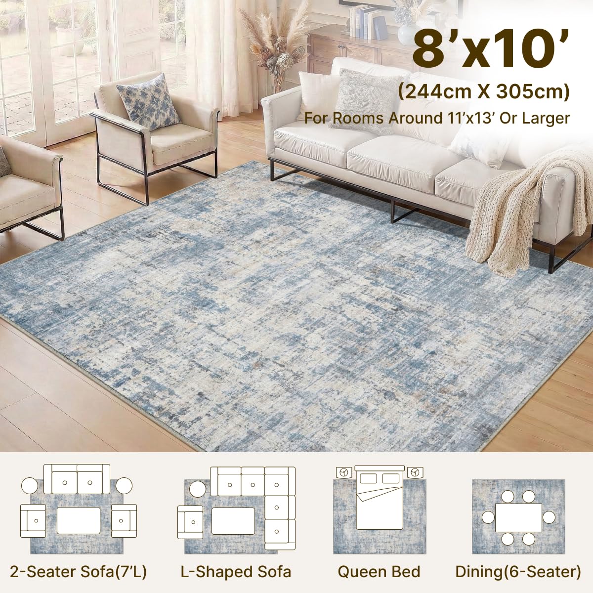 Syrlfar 8x10 Area Rugs Washable Living Room Rug-No Slip Soft Carpets Modern Abstract Coastal Indoor Floor Stain Resistant Large Carpet for Bedroom Dining Room Farmhouse Nursery Home Office Blue
