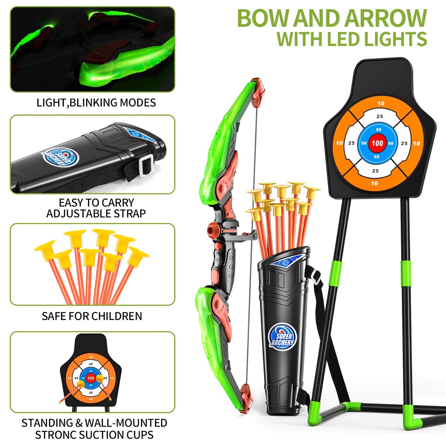 TEMI Bow and Arrow Set for Kids with LED Lights-Archery Set with 10 Suction Cup Arrows, Quivers & Standing Target, Outdoor Toys for Kids Boys & Girls Ages 3-12 Years Old