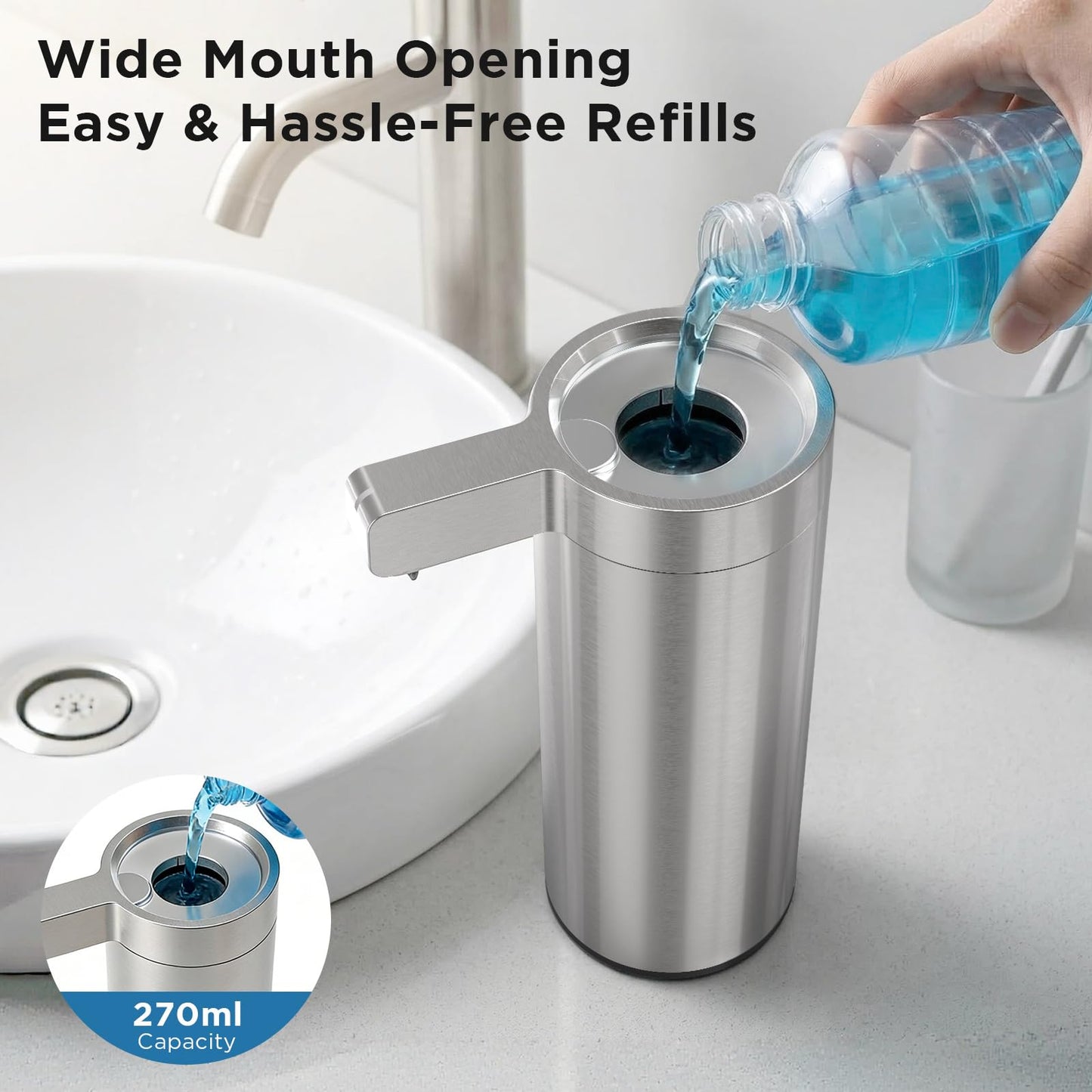 Newise Automatic Soap Dispenser - 9 oz, Rechargeable Touchless Liquid Soap for Kitchen and Bathroom with 3 Adjustable Dispensing Modes, Stainless Steel