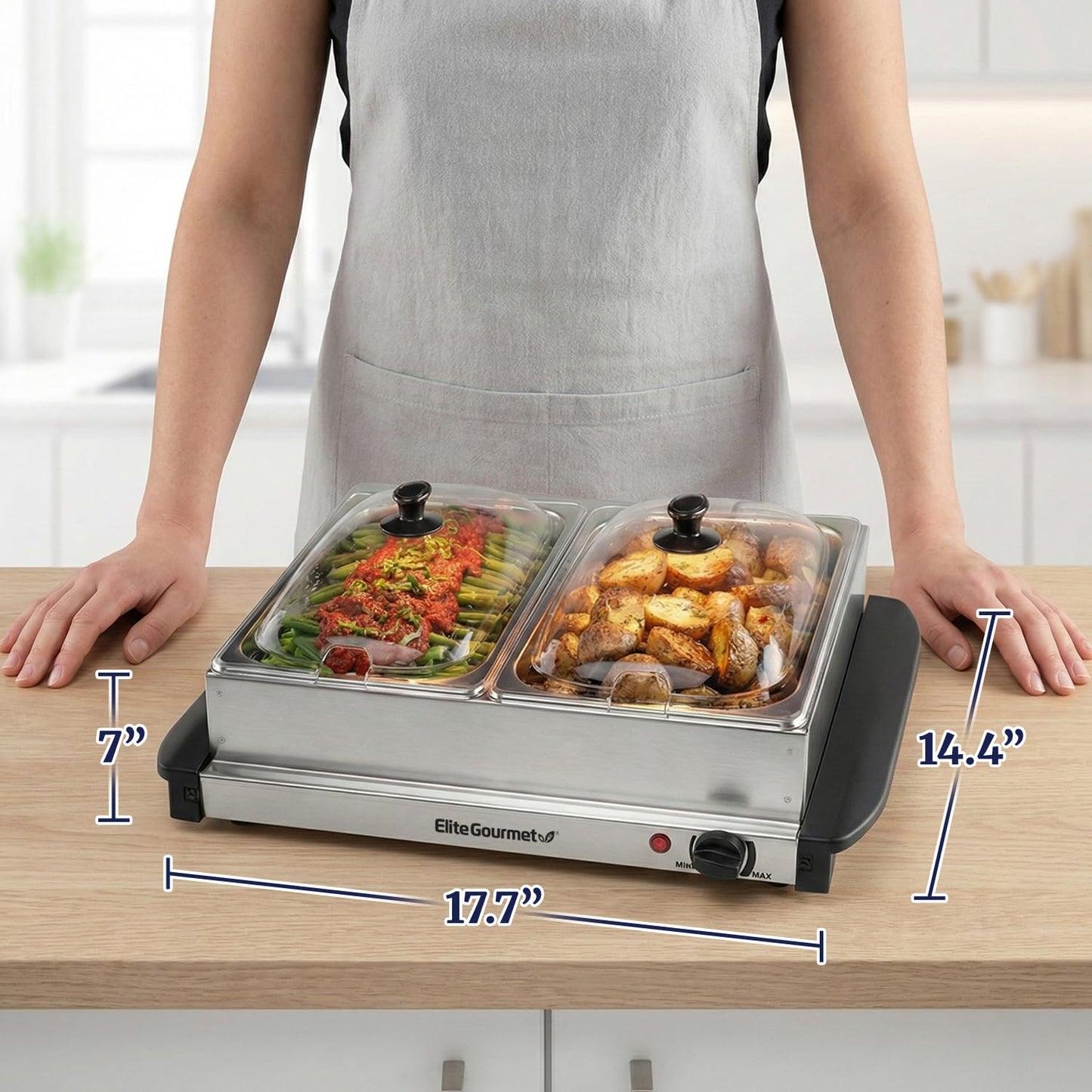 Elite Gourmet EWM-6122X Deluxe Dual Buffet Server Food Warmer Party Tray, Gravy & Holiday Essentials, Special Events, 2 x 2.5Qt, Stainless Steel