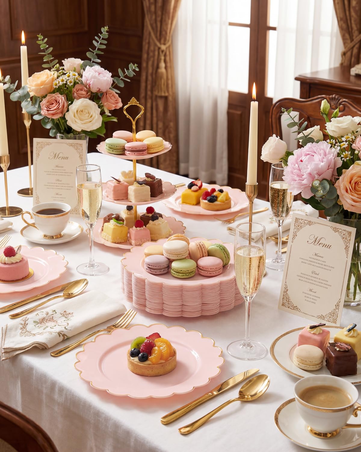 LIYH 100 Pcs 7.5" Pink Plastic Plates with Gold Disposable Pink Dessert Plates Gold Plastic Plate,Baby Shower Plate Set Suitable for Weddings Bridal Showers Afternoon Tea