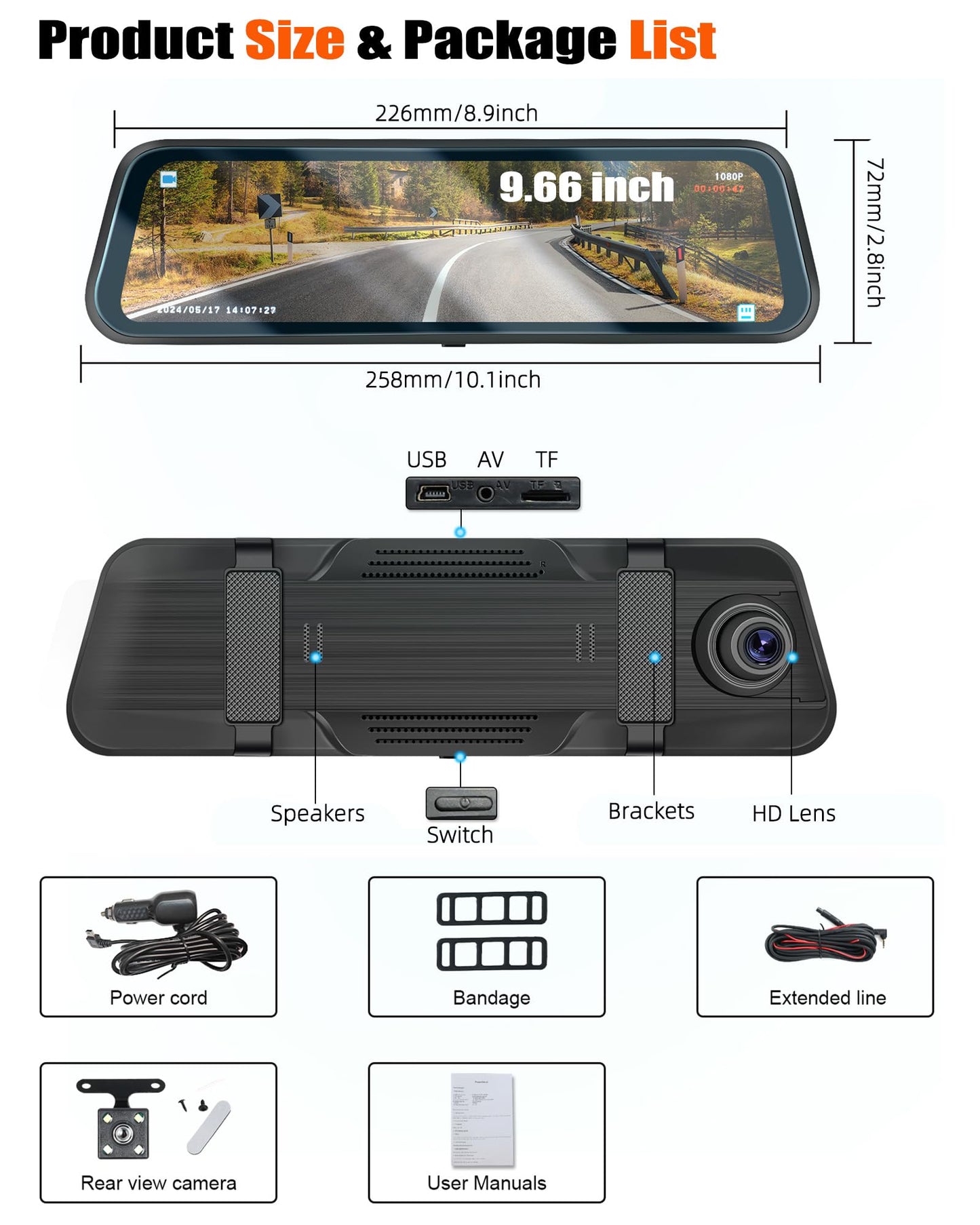 9.66" Mirror Dash Cam,1080P Touchscreen Rear View Mirror Front and Rear View Dual Cameras,Super Night Vision,G-Sensor,Loop Recording,Parking Assistance,24H Parking Monitor,HD Waterproof Backup Camera