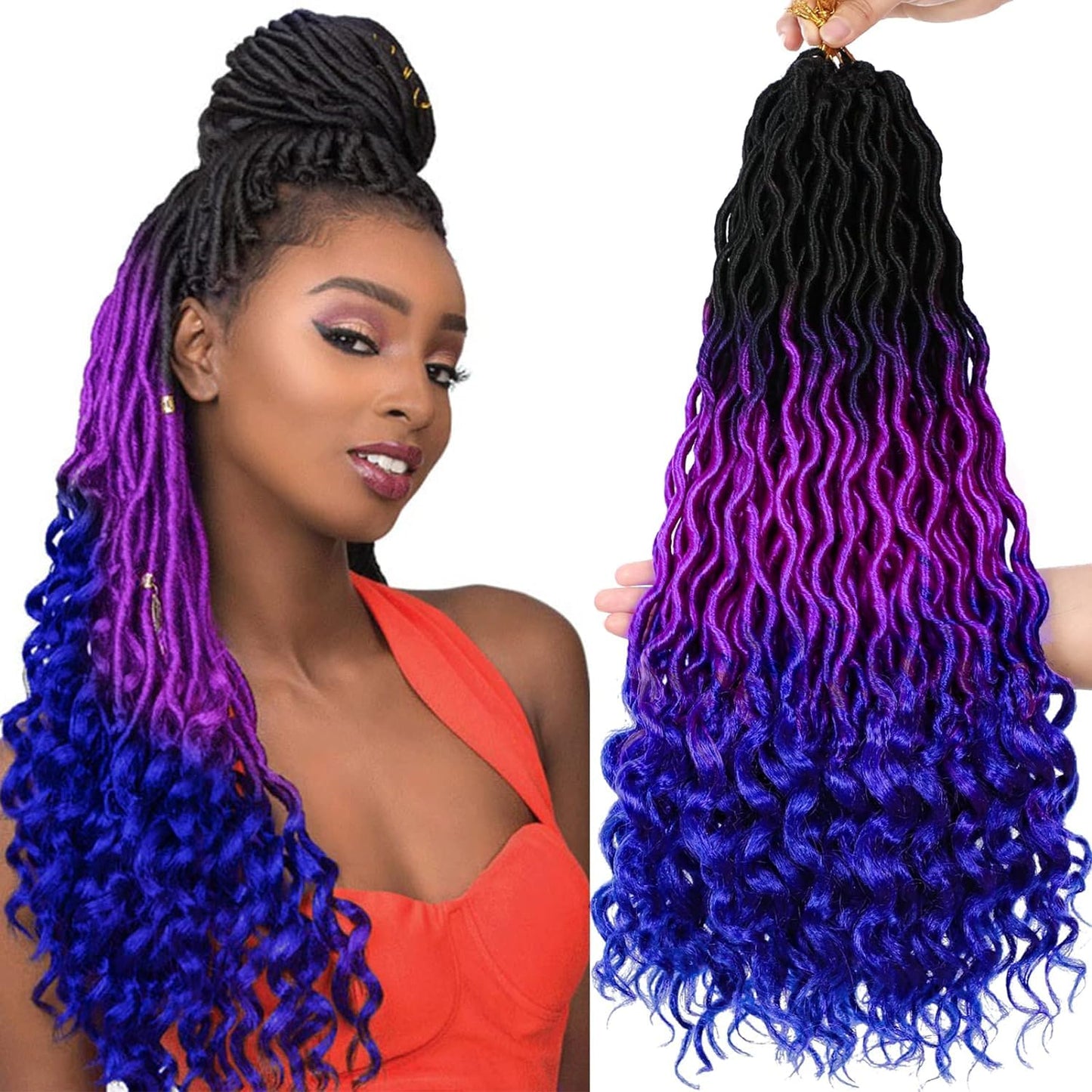 Ms Aloe Ombre Faux Locs Crochet Hair 5Pack（120 Strands）Ombre Purple Blue Faux Locs Crochet Braids Hair Pre Looped Goddess Locs Crochet Curly Hair for Black Women (20inch,1B/Purple/Blue#)