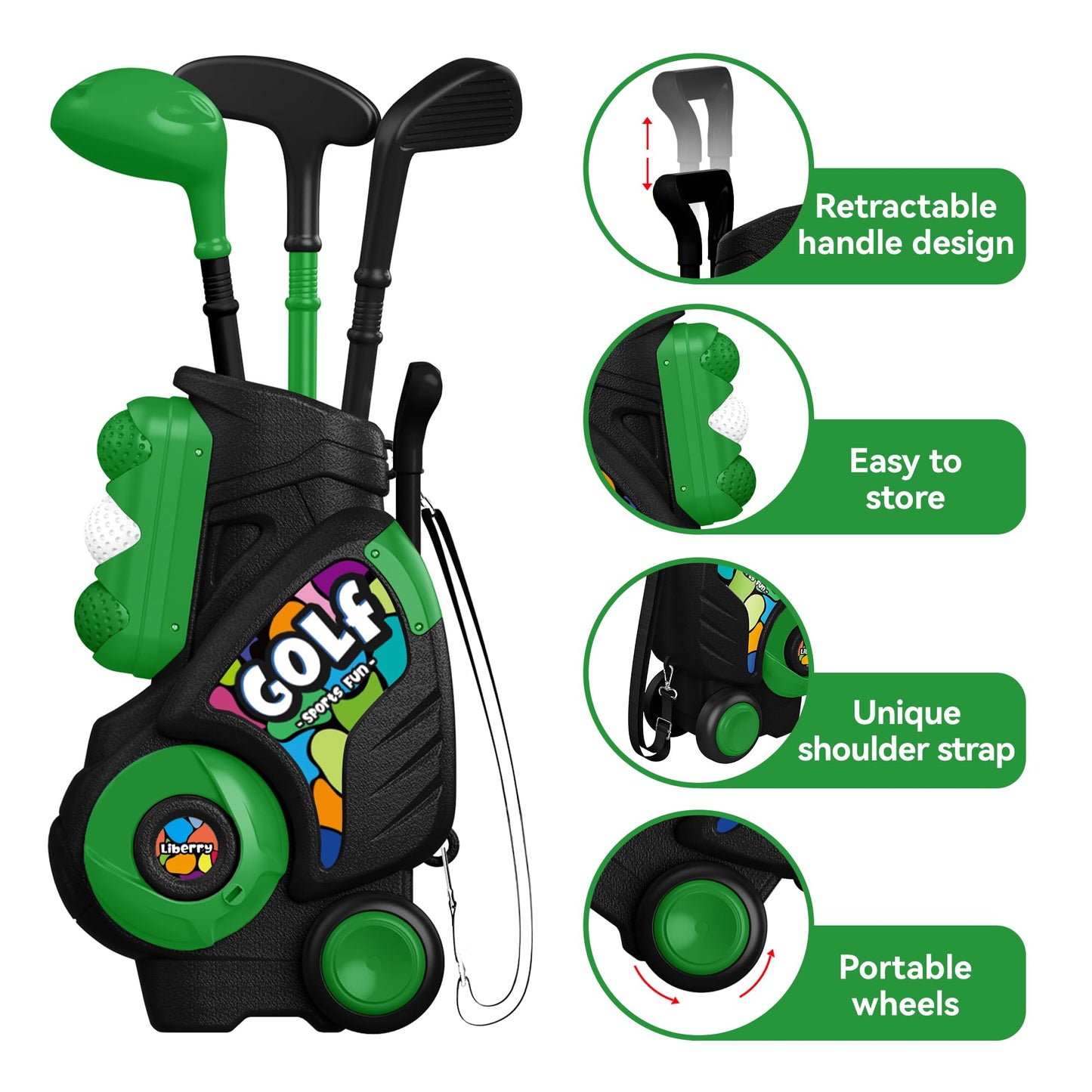 Liberry Toddler Golf Set with Putting Mat for Boys Girls Age 2 3 4, Upgraded Kids Golf Cart with Shoulder Strap Design, Outdoor Indoor Sports Toys for Birthday Gift, Black