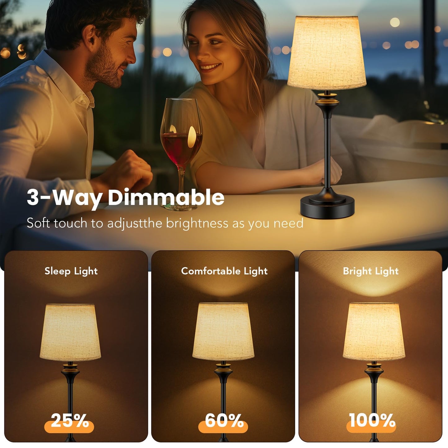 NIORSUN Portables Cordless Table Lamp,Flaxen Fabric Shade Battery Operated Lamp,5200mAh Bedside Table Lamp with Warm White,3 Way Dimmable Touch Desk Lamp for Bedroom Living Room Restaurant (Black)