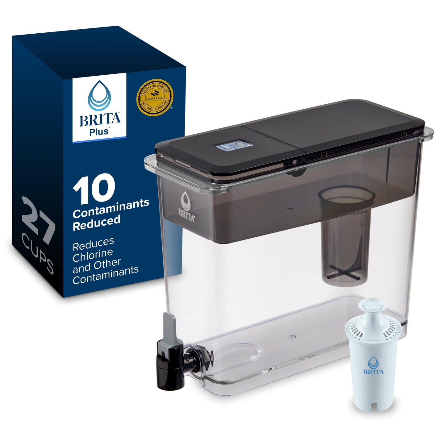 Brita Extra-Large 27-Cup Water Dispenser with BritaPlus Filter, WQA NSF/ANSI Certified, Reduces 2X Contaminants vs. Standard, Reduces Chlorine, Zinc, Copper, Mercury & More, 1 Filter Included, Black