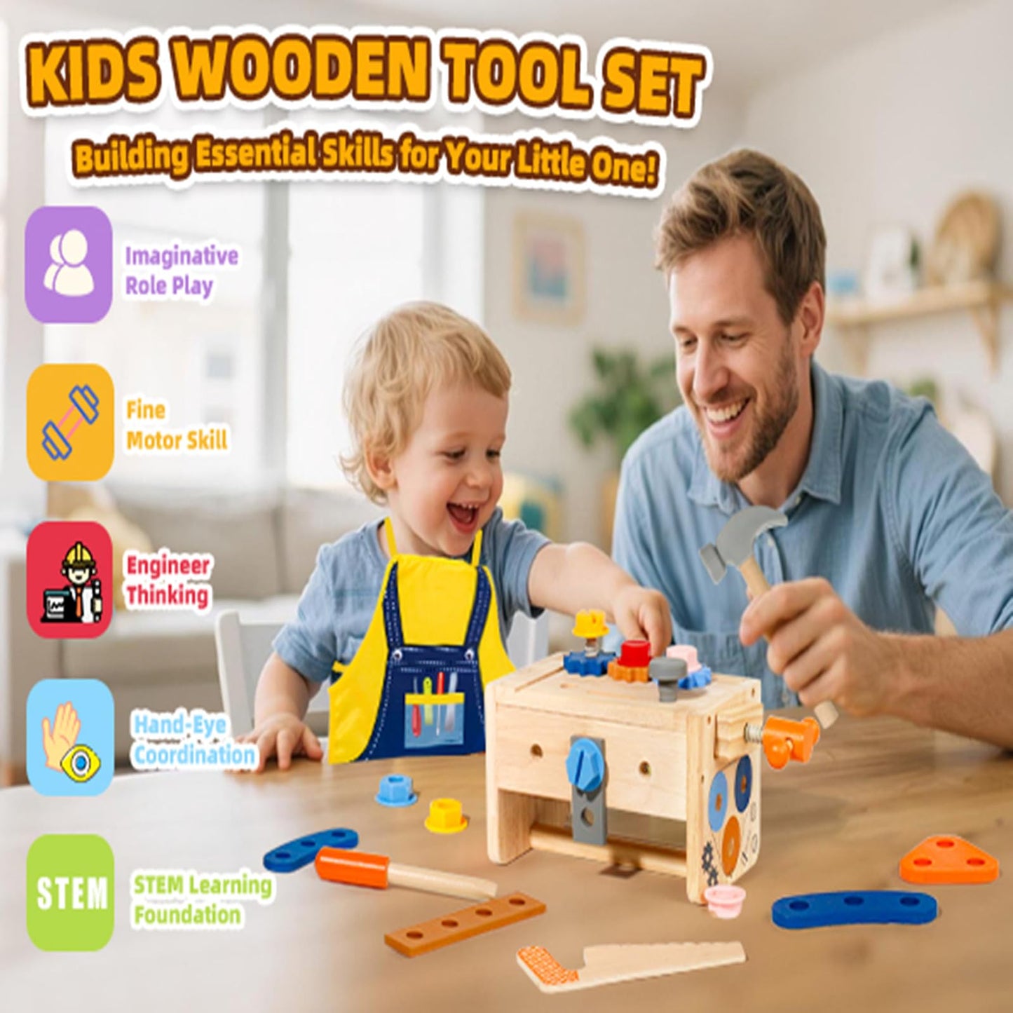 TONZE Kids Tool Set with Apron Wooden Toddler Tool Bench Box Montessori Toys for 2 3 4 Year Old Boys Girls Educational STEM Building Toys Pretend Play Toddler Toys 3 to 5 Years Old Birthday Gift