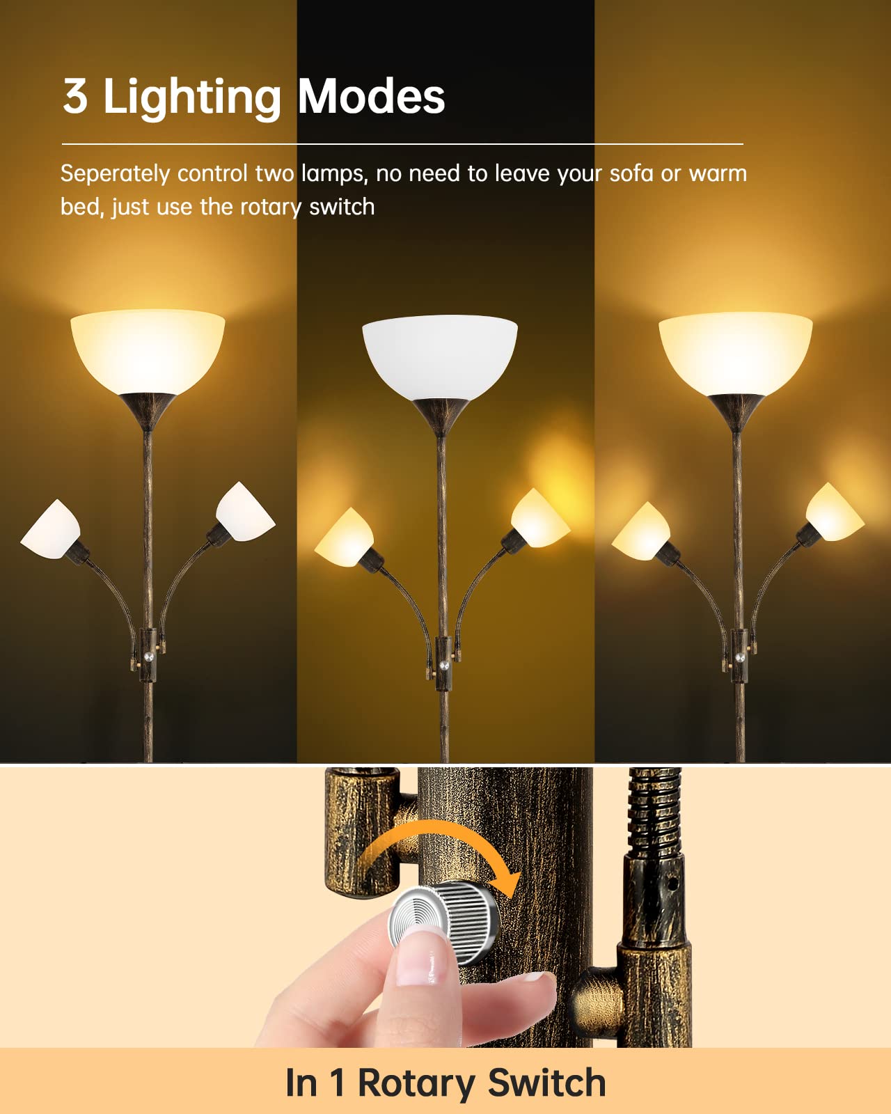Floor Lamp, Standing Lamp, 71" Tall Lamps for Living Room, 3 Way Switch, Plastic Lampshade, Torchiere Tree Lamp with Reading Light, Modern Pole Lamps for Bedroom E26 Base(No Bulb, Rustic Bronze)