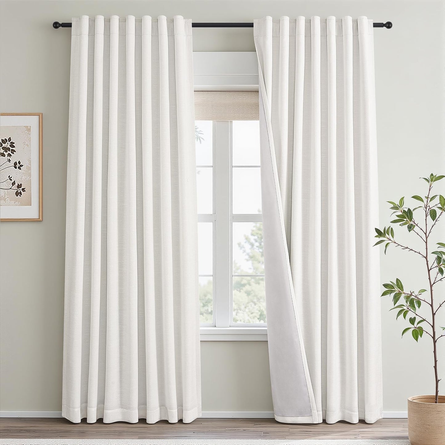 Topfinel 84 Inch Long Natural Blackout Curtains White Linen Panels, Farmhouse Back Tab Pinch Pleated Drapes for Track System,Neutral Linen Ambiance & Privacy Drapes Natural 52" W*84" L
