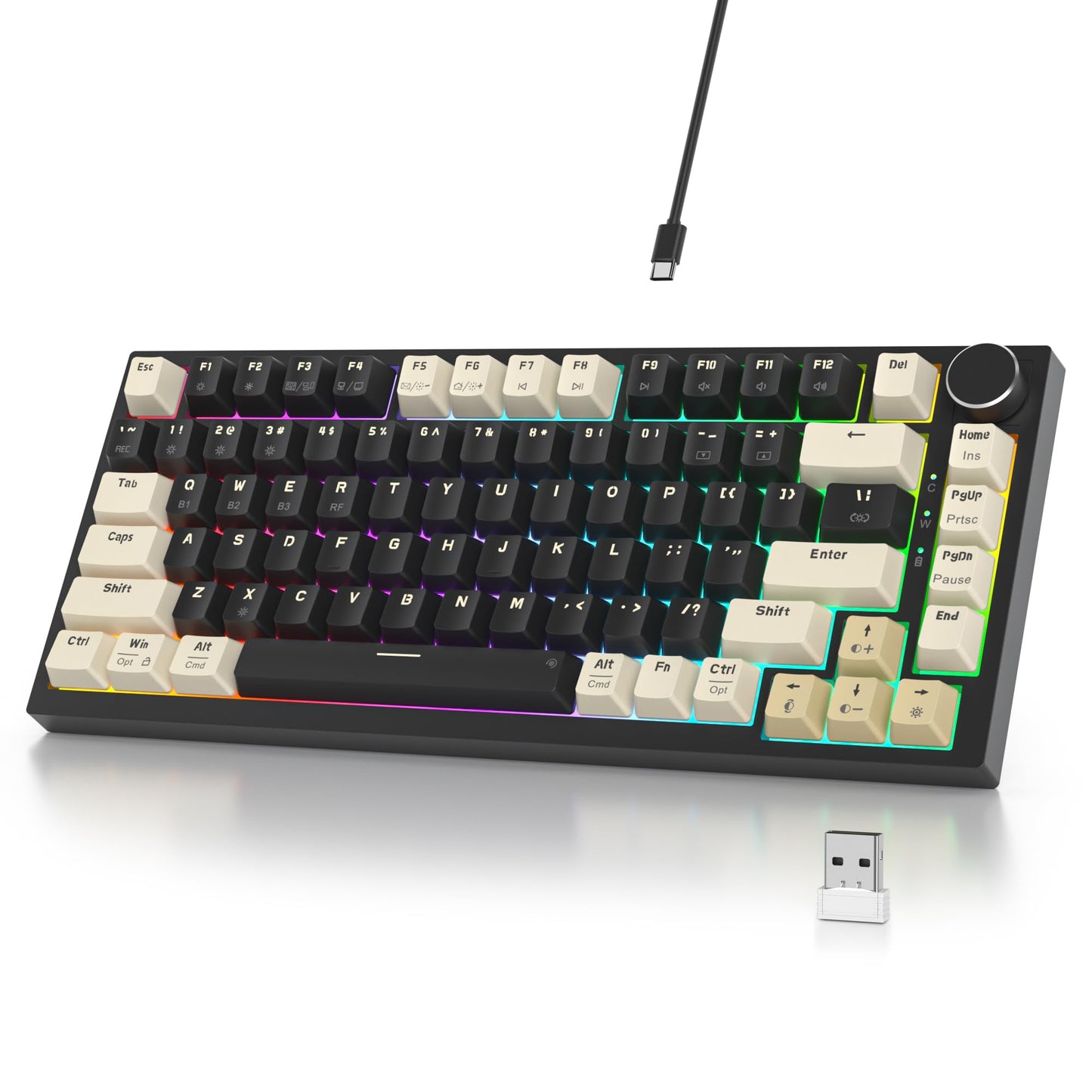 iRoboosta 400PRO 75% Wireless Creamy Mechanical Keyboard Black, Gasket Hot Swappable RGB Gaming Keyboard, Bluetooth/2.4GHz/USB-C Thocky Keyboard with Pre-lubed Cream Grey Switches (82 Black)