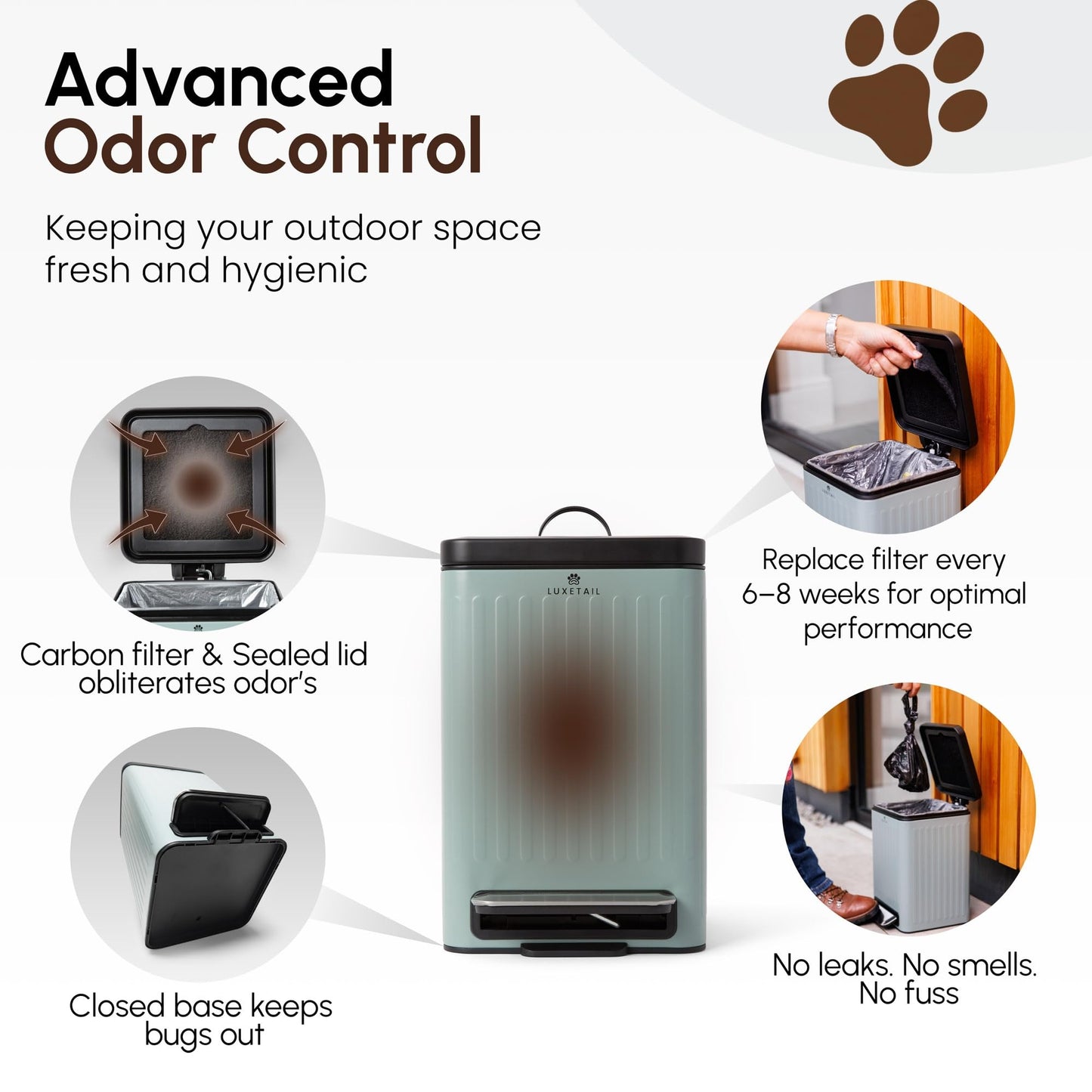 LUXETAIL Small Dog Poop Trash Can Outside – 6L/1.6 Gallon Dog Small Trash Can with Lid, Odor-Locking Carbon Filter System, Hands-Free Stainless Steel Pedal, Easy-Clean Removable Bucket, Sage Green