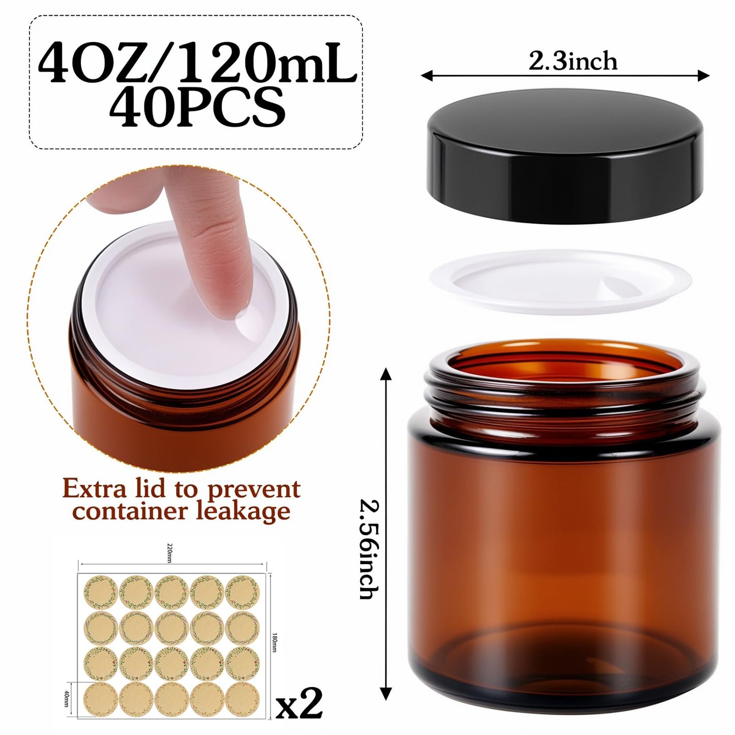 40 Pack 4 Oz Amber Glass Jar with Lid Empty Cosmetic Containers Leak-proof Round Airtight Jars Reusable with Inner Liners Lid for Creams, Lotions, Bath Salts, Essential Oil