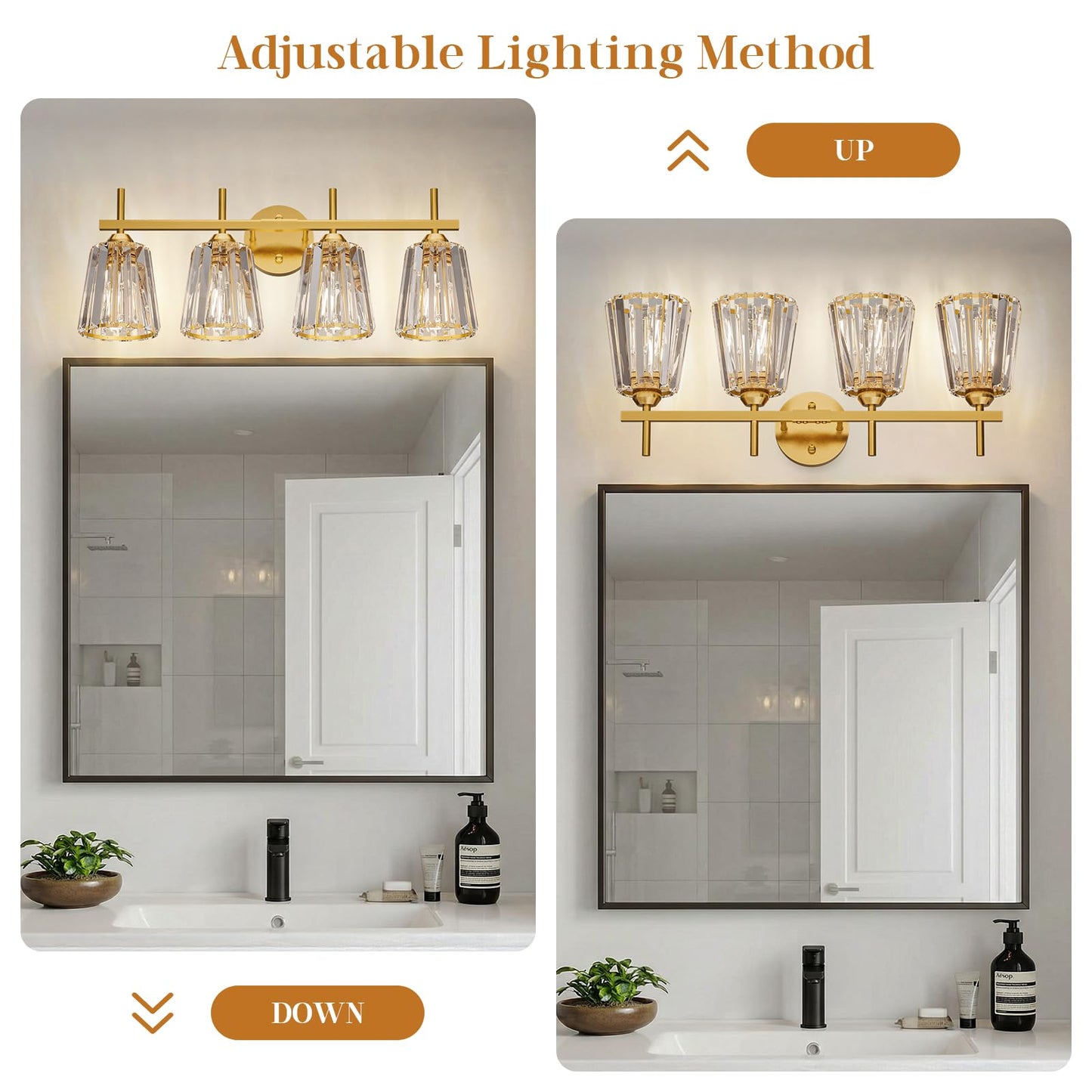 KernLite Crystal Bathroom Light Fixtures Over Mirror, Gold 4-Light Bathroom Vanity Lights Over Mirror Modern Wall Lighting Sconces with Ceramic E26 Base (Bulbs Not Include)