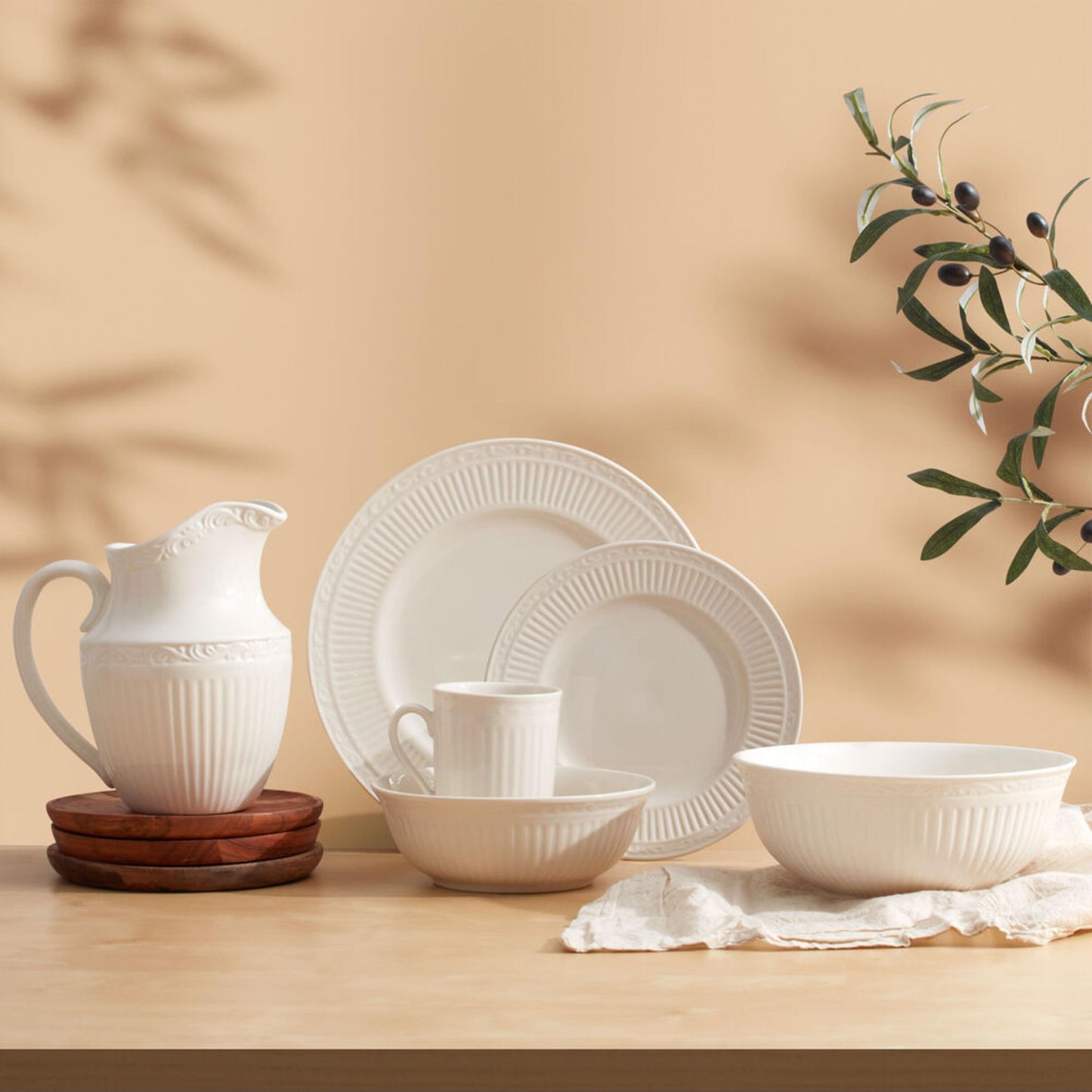 Mikasa Italian Countryside Set of 4 Porcelain Salad Plates, Classic Embossed White Plate Set, Microwave Dishwasher Safe, Cream, 8.25 Inch