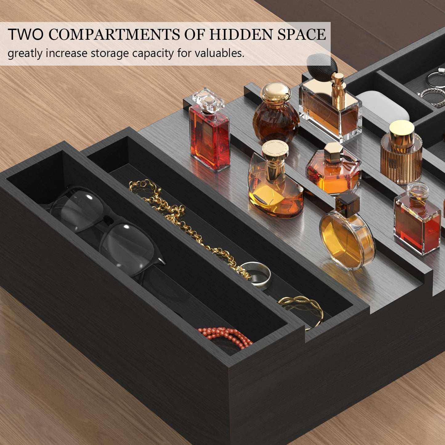 Zaldia Wooden Cologne Organizer for Men 5 Tier of Perfume Display Holder of Drawer & 2 Hidden Compartments Larger Storage Space Mens Perfume Organizer Shelf Stand,Gift for Man (5T-Black)