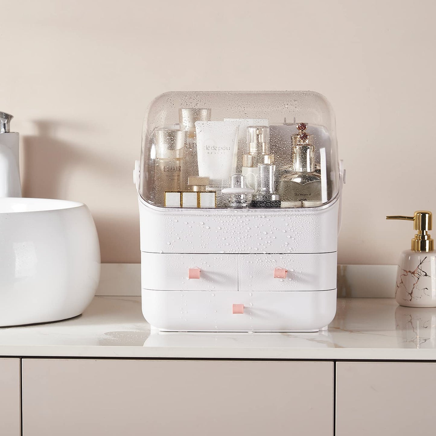 SUNFICON Preppy Skincare Organizers Makeup Organizer Holder Beauty Cosmetic Storage Box Large Display Case Dust Free Cover Portable Handle 2 Rroomy Drawers Gift Great For Bathroom Countertop White