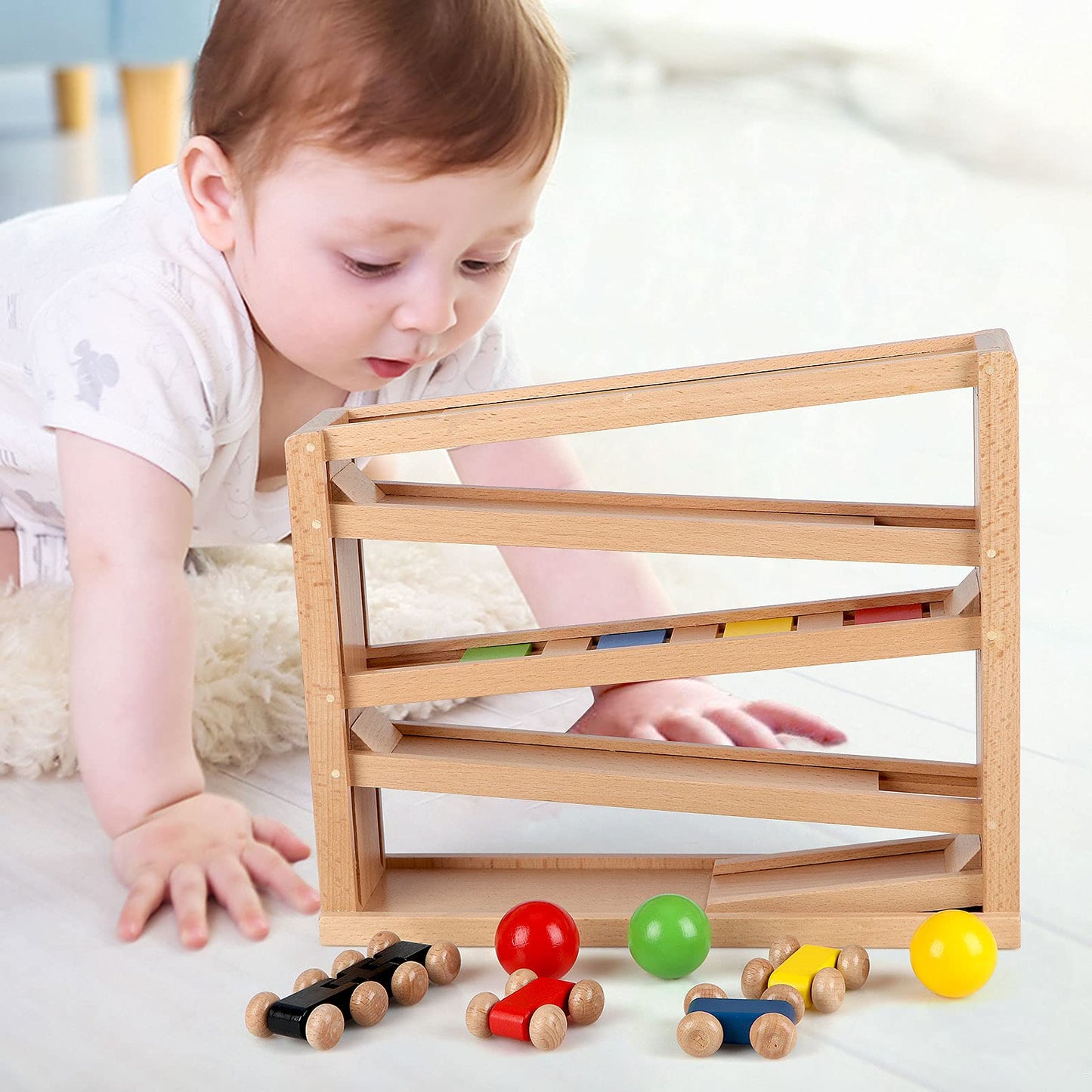 Qilay Wooden Race Track Car Ramp Racer Toy for Toddlers, 5 Level Race Car Ramp Toy Set Includes 4 Wood Cars and 3 Balls,Great Building Learning Toys or 3+ Years Old Boy and Girl
