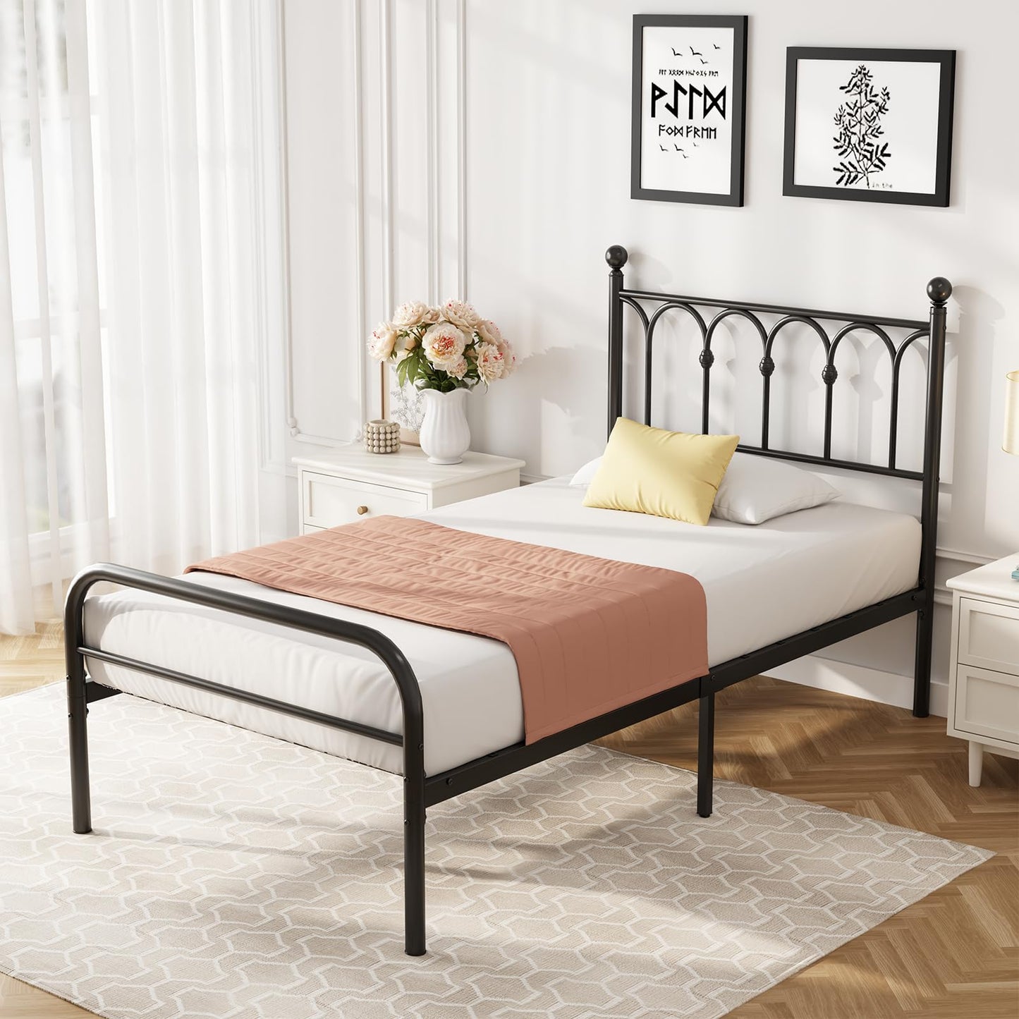 DUMOS Twin Bed Frame Metal Platform with 11.9" Under-Bed Storage, Heavy Duty Steel Slat Support and Iron-Art Headboard, No Box Spring Needed, Easy Assembly, Black
