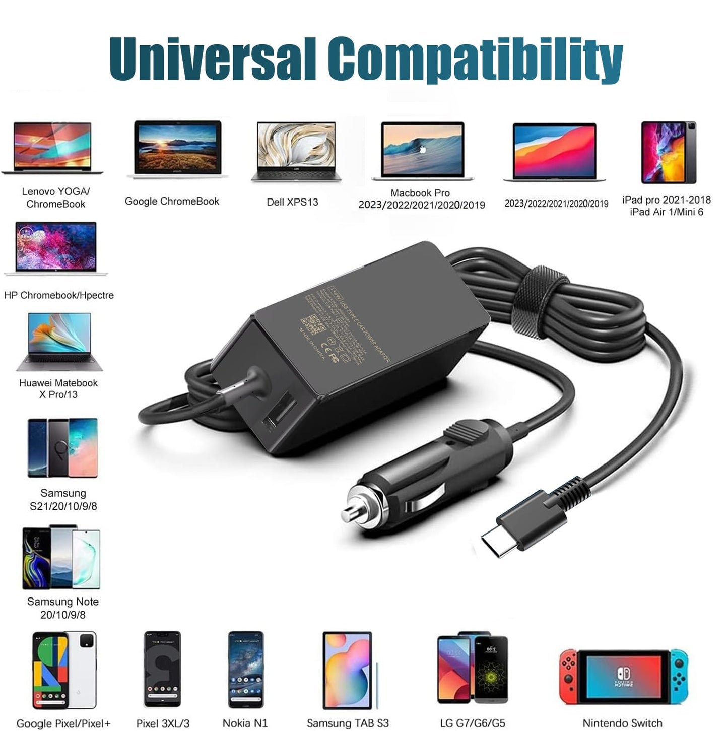 100W USB C Laptop Car Charger for Dell Latitude/Dell XPS, Lenovo Thinkpad/Yoga/IdeaPad, MacBook Pro/Air, HP Spectre/Elitebook, LG Gram, Samsung Acer Asus Chromebook Charger