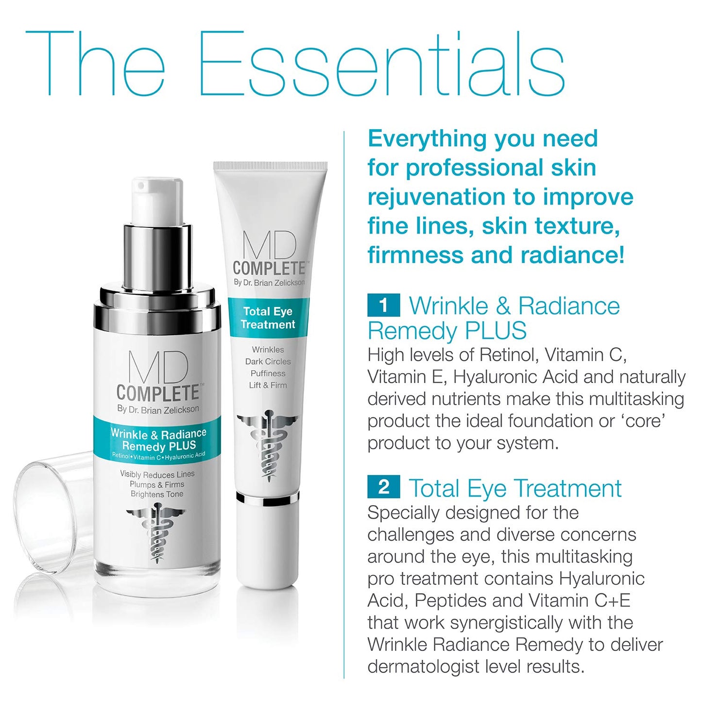 MD Complete Eye Wrinkle Duo | Professional Dermatologist Skin Rejuvenation | includes Wrinkle & Radiance Remedy PLUS with Retinol and Total Eye Treatment with Hyaluronic Acid and Peptides | Set of Two