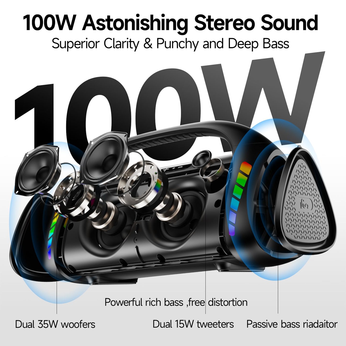 LFS Bluetooth Speaker,100W Loud Speakers Bluetooth Wireless with Deep Bass, Portable Bluetooth Speakers Wireless with Power Bank, LED Lights,Waterproof, 30hours Playtime for Outdoor Home