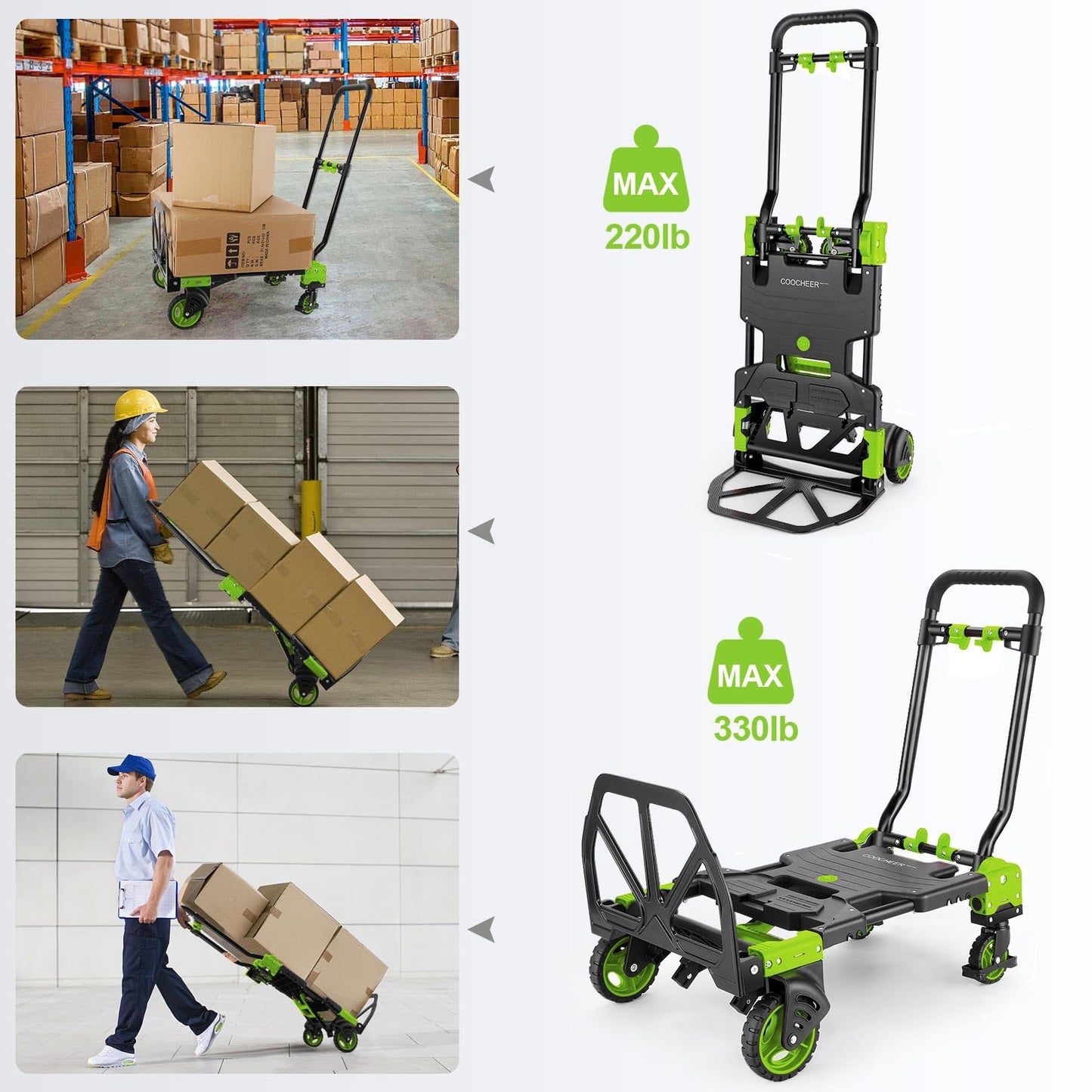 330LB Folding Hand Truck Moving Dolly, Hand Trucks Heavy Duty Combination of 4 Wheels and 2 Wheels Convertible Dolly Cart with Retractable Handle Dolly for Moving Office Carts(Green)