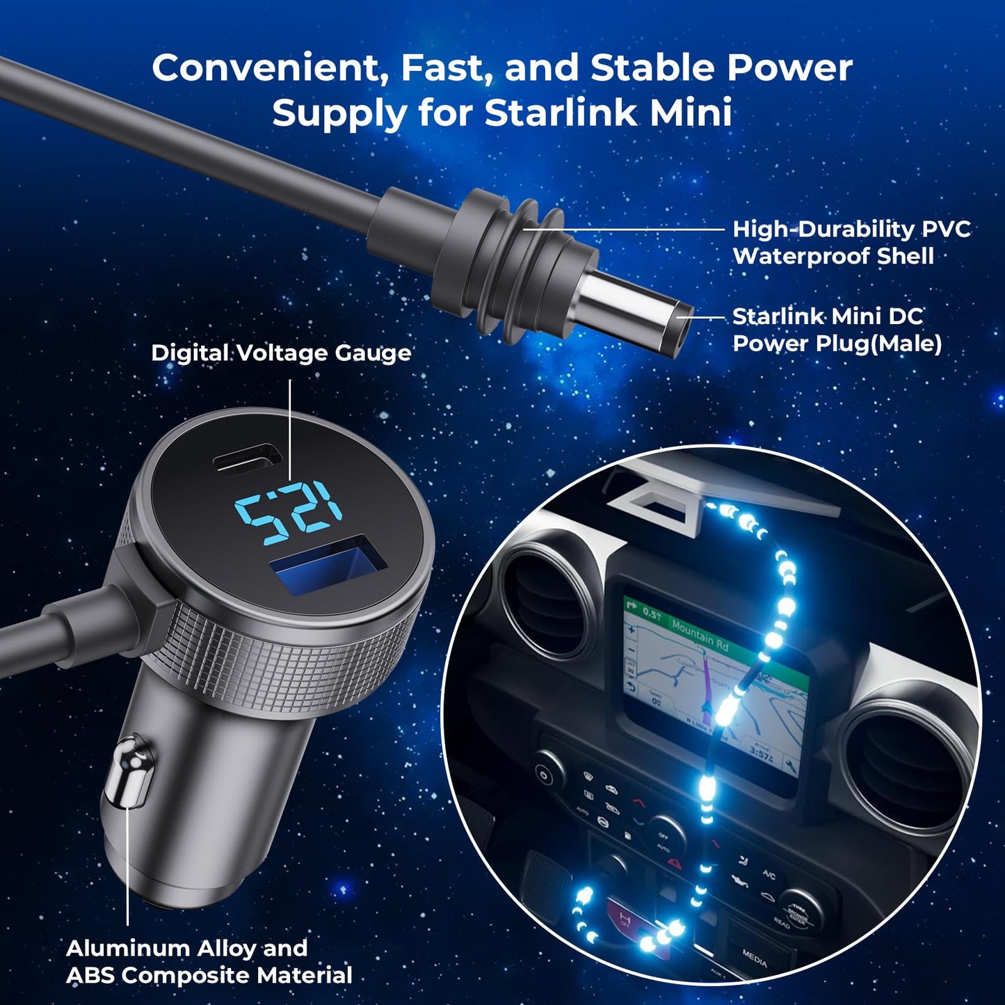 Starlink Mini Cable, 3 in 1 Starlink Mini Car Charger DC Power Cable+ Cigarette Lighter Adapter 12V-48V with Digital Display, Durable USB C PD 40W and USB A 35W Ports for Trucks and Cars (16.4FT)