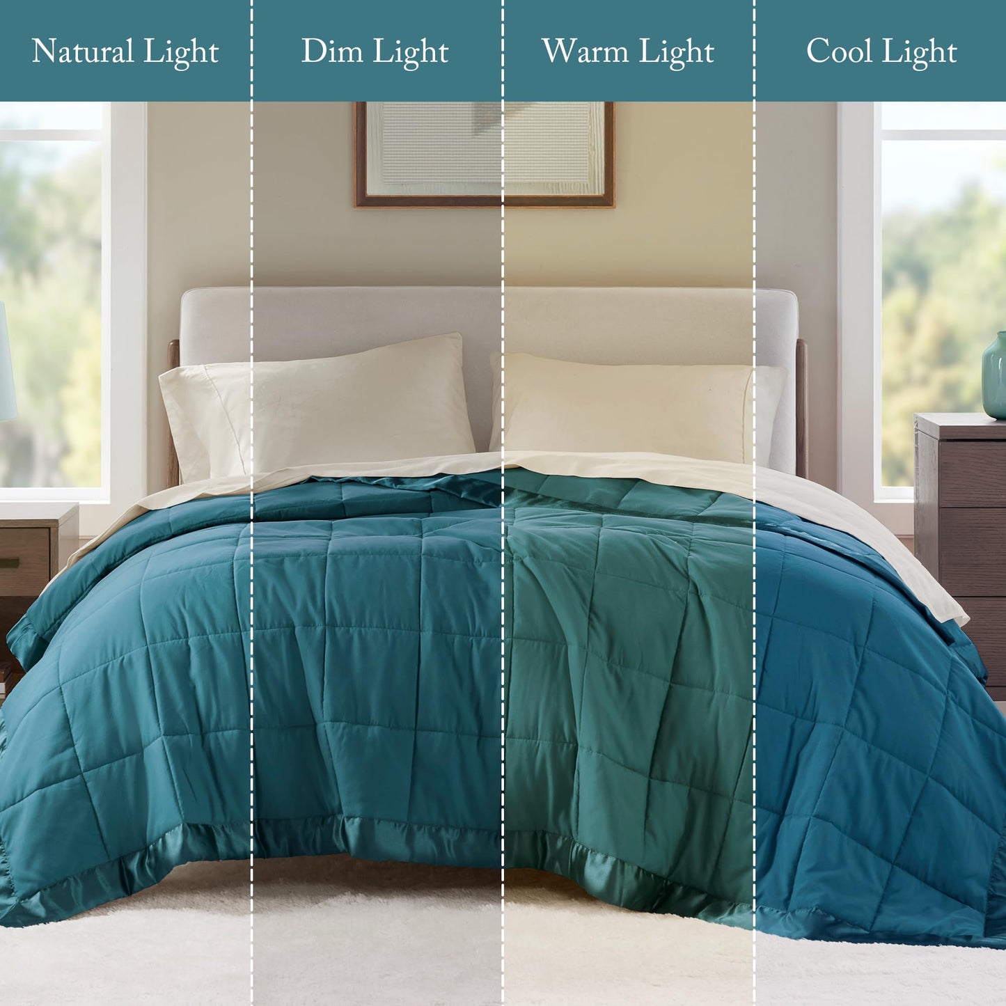 Madison Park Windom Down Alternative Blanket, Premium 3M Scotchgard Moisture Wicking Treatment, Lightweight and Soft Bed Cover For All Season, Satin Trim, Teal Full/Queen