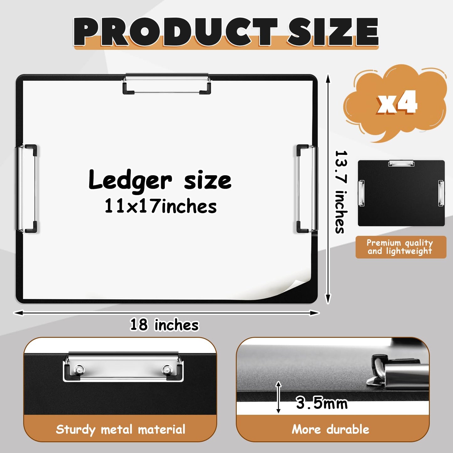 Tenceur 4 Pcs Extra Large 11x17 Clipboard - Horizontal Three Clip Plastic Clipboard for School, Office, Home & Teachers