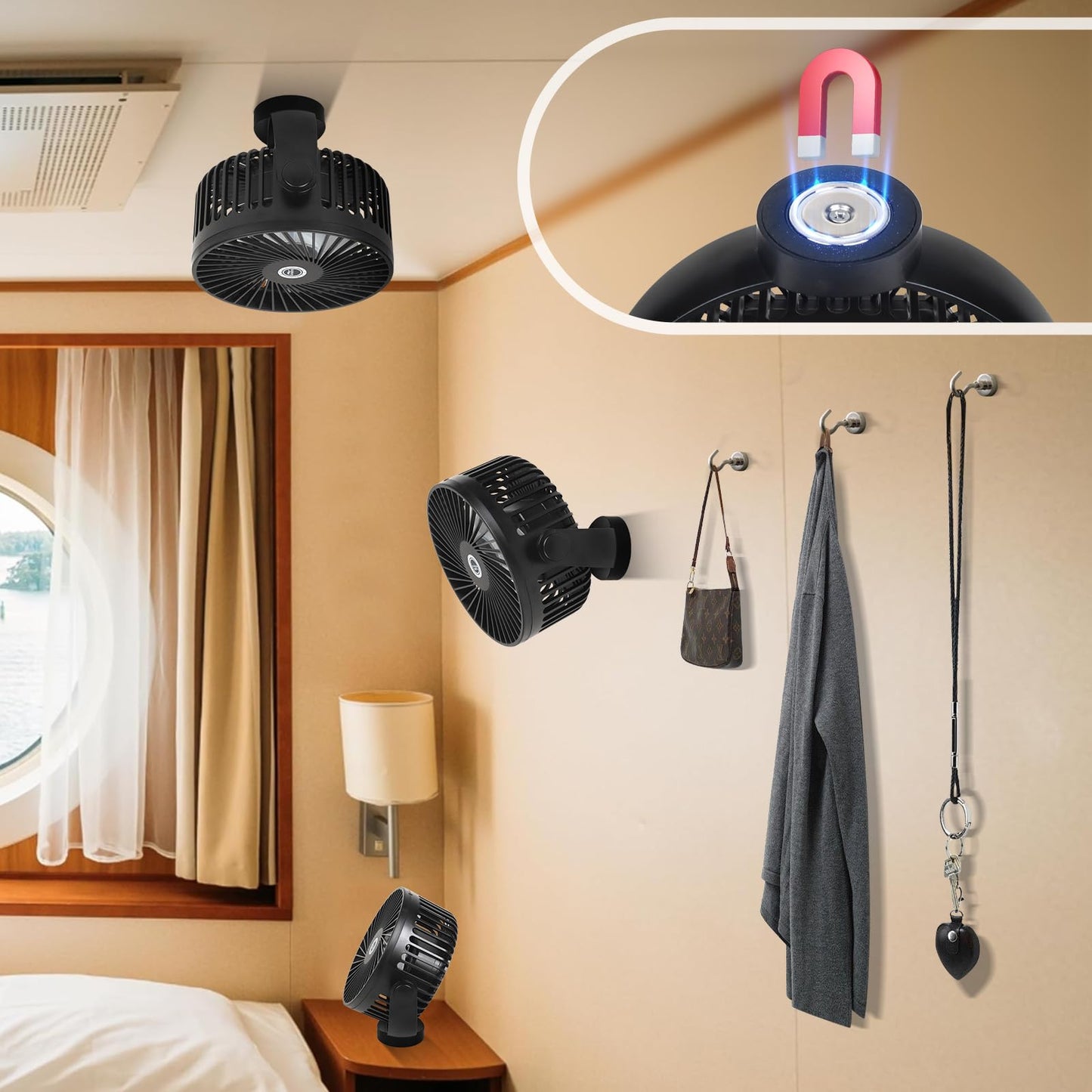 2-Pack Magnetic Cruise Fan with 12000mAh Rechargeable Battery, LED Light, Timer&Power Output, Magnetically Sticks on Cabin Ceilings and Walls, Ship Approved Cruise Essentials 2026