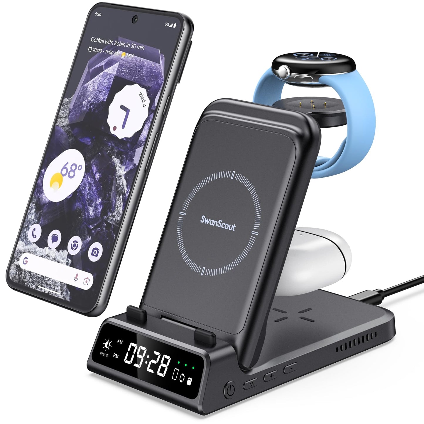 SwanScout Wireless Charger Stand for Google Pixel Watch 3/2 (Not for Watch 1), Upgraded 3 in 1 Wireless Charging Station for Pixel 9 Pro/9/8/7/6/5/4, Pixel Buds Pro/2, SwanScout 703G2 (No Adapter)