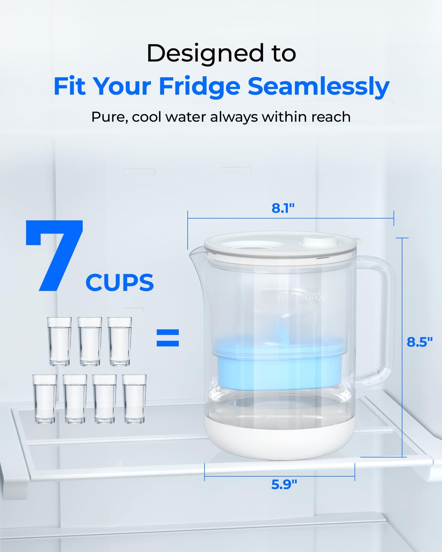 Waterdrop Glass Alkaline Water Filter Pitcher with 1 Filter, Enhances Alkaline Water, Eco-Friendly, 7-Cup, for Home & Office, Reduces PFOA/PFOS, Chlorine, Cadmium, Copper, Mercury, Clear, WD-PT-72C-A
