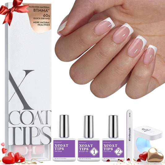 BTArtboxnails XCOATTIPS Gel Nail Kit - Short Squre French Tip Press on Nails Kit, Pink Soft Gel Nail Tips with Nail Gel, French Protecing Duo and Nail Lamp for Nail DIY