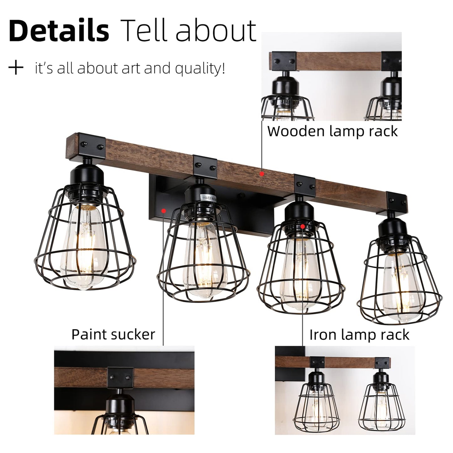 TELAFLY Bathroom Vanity Light Fixture,Rustic 4-Light Wood Wall Light,Industrial Bathroom Lighting Fixture Over Mirror,Modern Matte Black Metal Cage Wall Sconce for Hallway,Kitchen,Bedroom