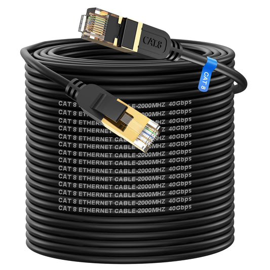 Cat 8 Ethernet Cable, 250FT High Speed Heavy Duty 26AWG Cat8 LAN Network Cable 40Gbps, 2000Mhz with Gold Plated RJ45 Connector, Outdoor&Indoor Internet Cable Compatible for Router Gaming Modem Xbox