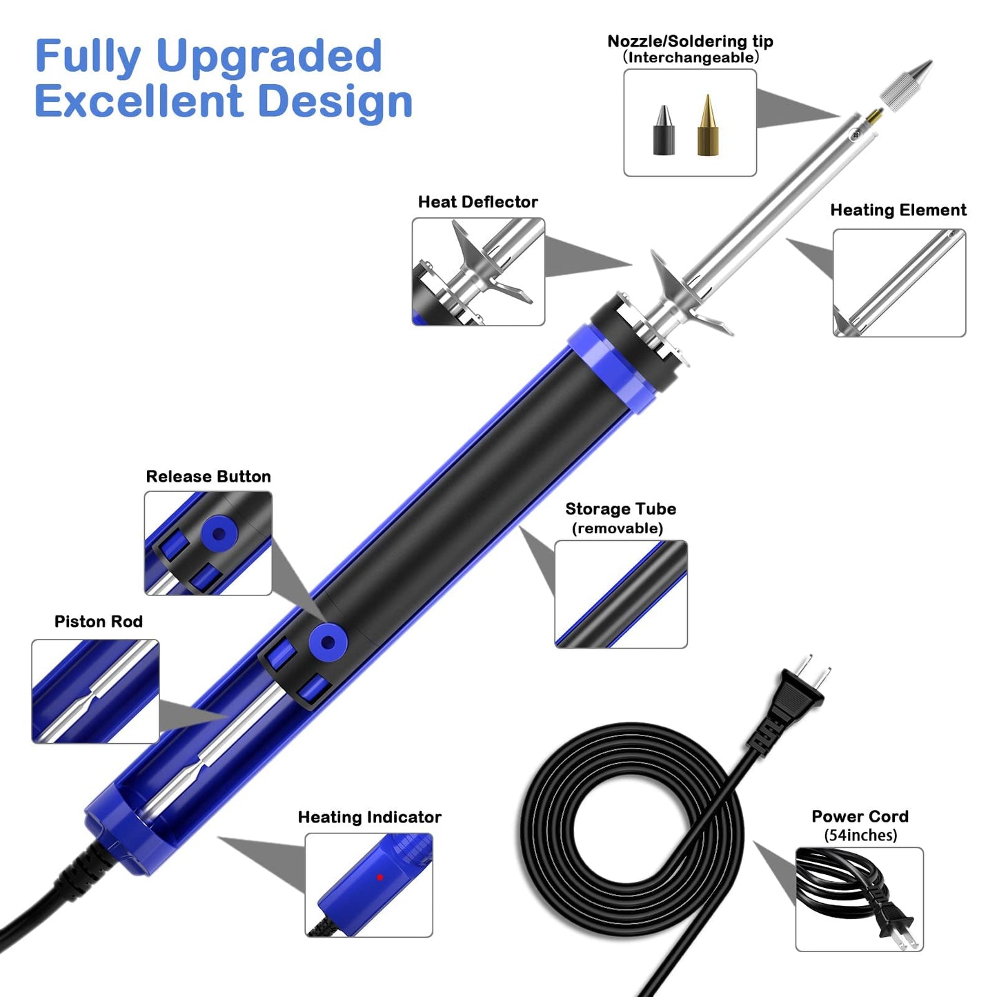 K KERNOWO 929D-V Electric Desoldering Soldering Iron Sucker – Desoldering Pump Tool with 1.0mm & 1.2mm Nozzles, Desoldering Gun with Wick & Cleaning Pin for Through-Hole Solder Removal
