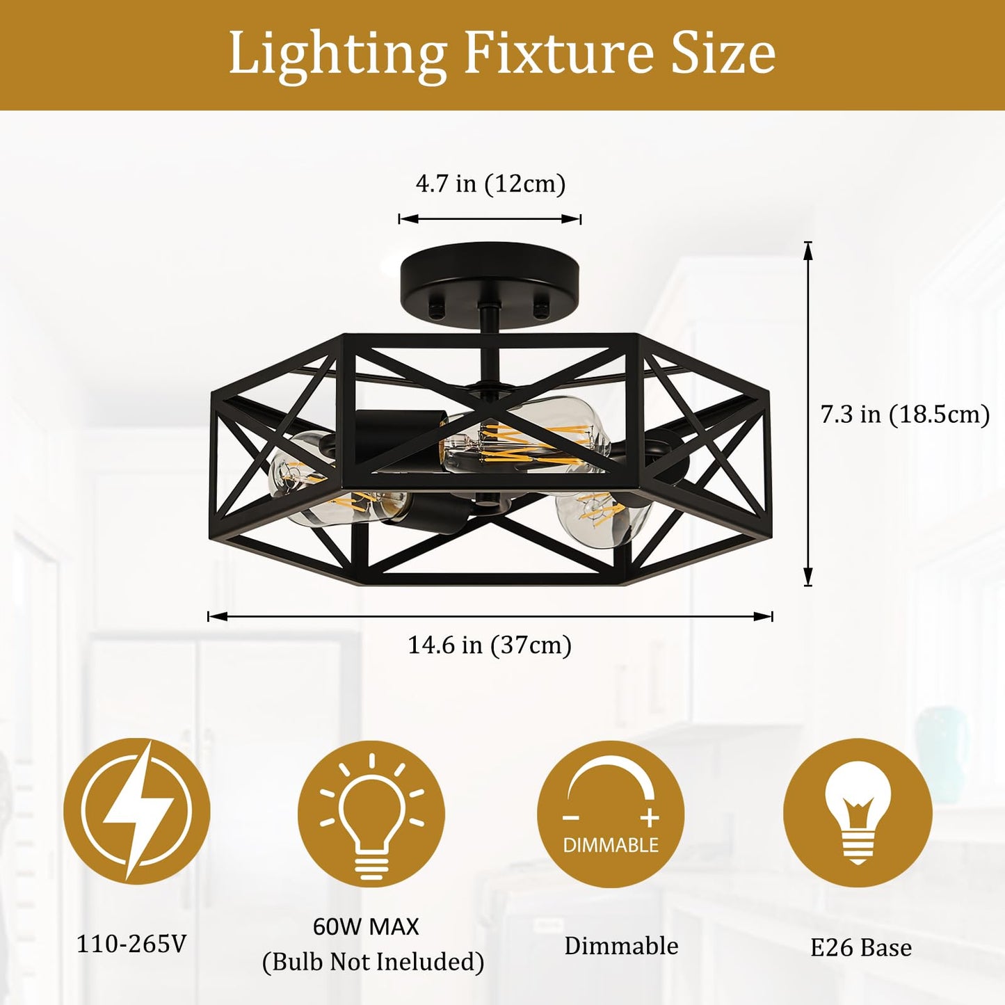 Bwxcie Modern Farmhouse Black Ceiling Light,Industrial Semi Flush Mount Ceiling Lighting Fixture,Hexagonal Lighting Fixtures for Kitchen,Bedroom,Foyer,Dining Room,Hallway,3-Light,14.6 Inch