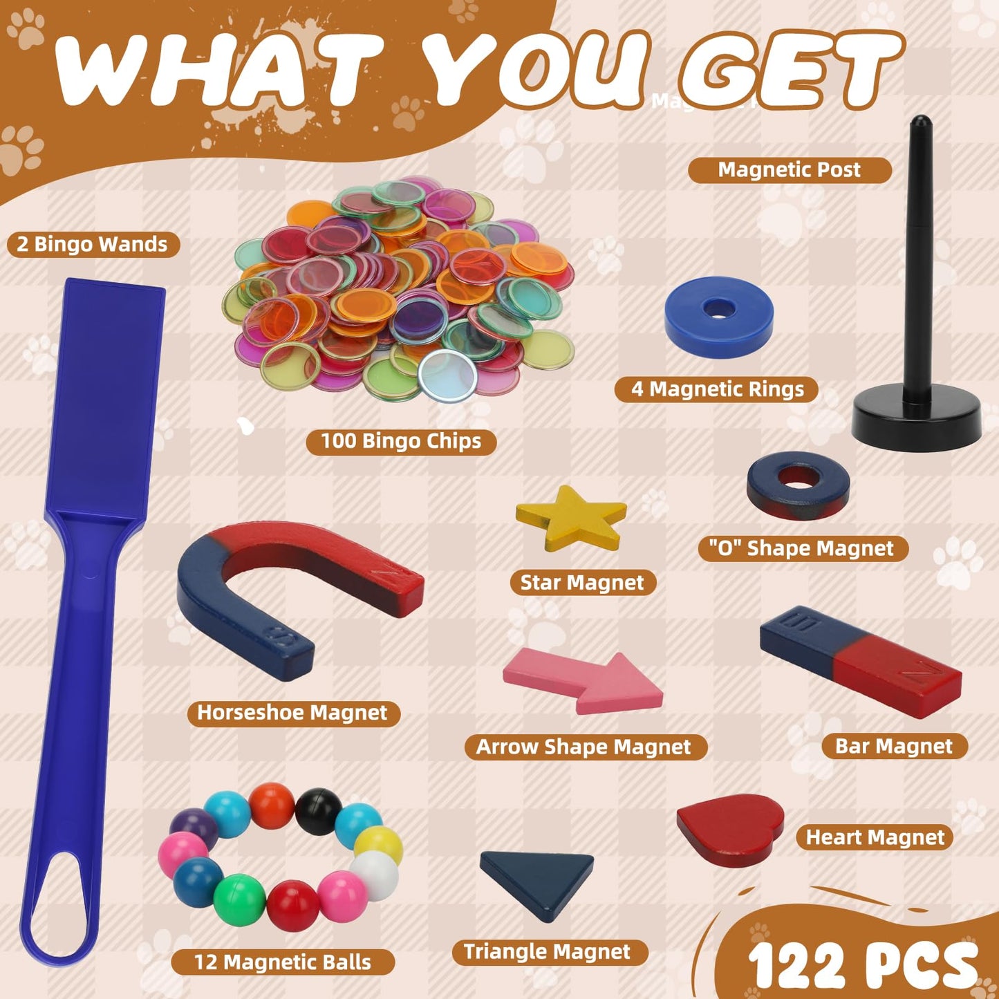 122 Pieces Magnetic Science Kit for Kids, Magnetic Balls, Bingo Wands with Chips, Magnetic Toys for Kids Childhood Back to School Supplies Activities