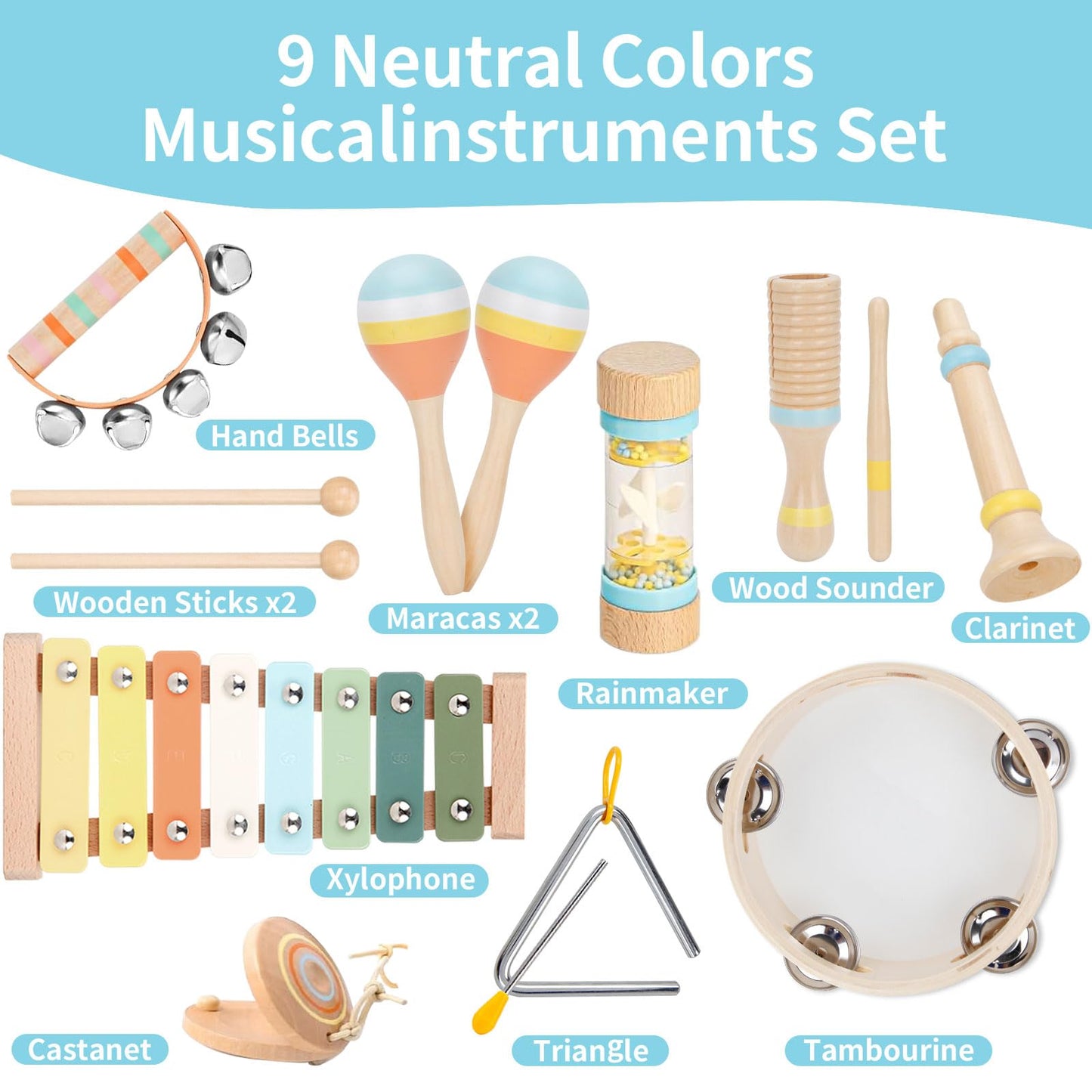 Baby Musical Instruments Set Wooden Montessori Toys for Toddlers 1-3 Percussion Instruments Set Modern Boho Music Toys for Kids Preschool Educational.