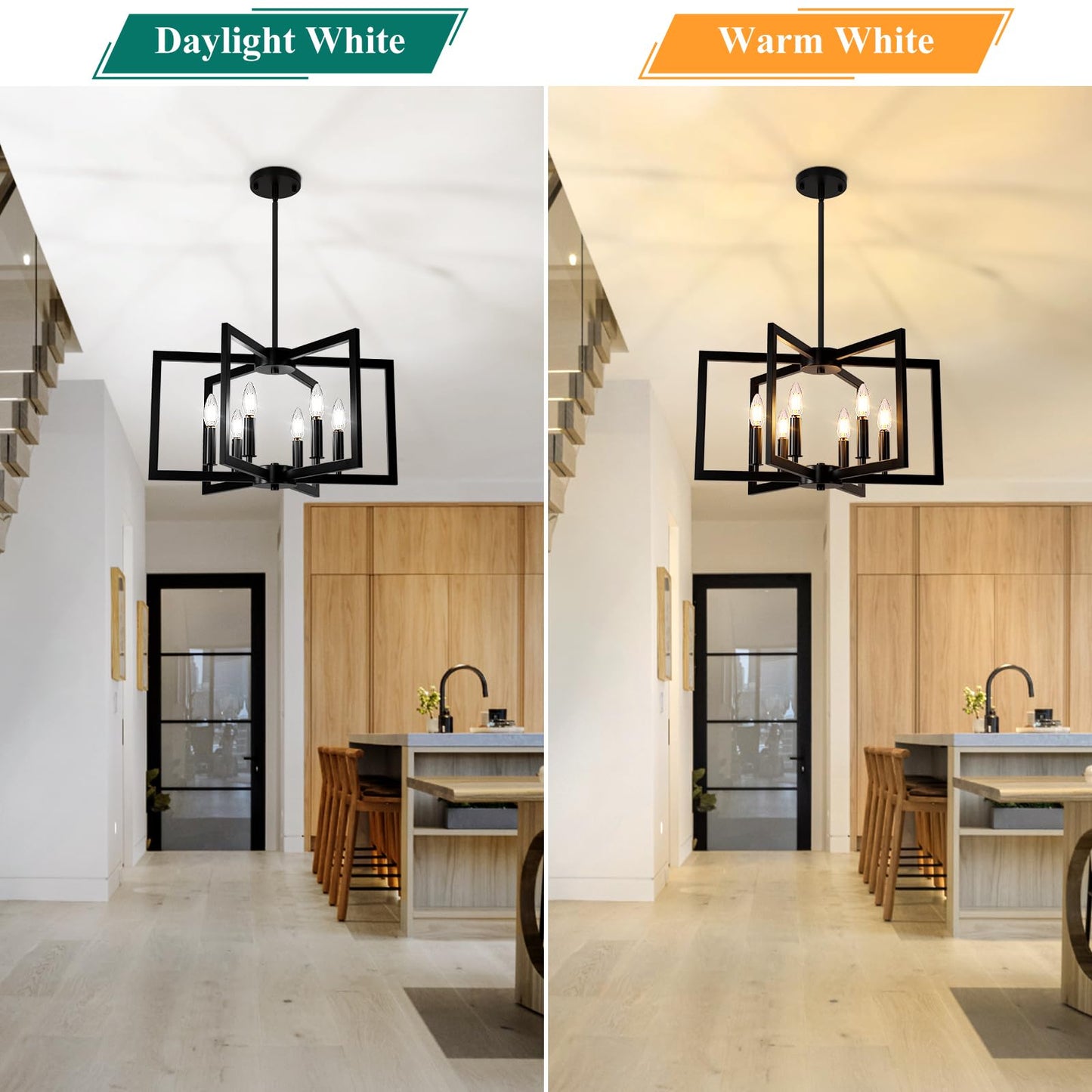6-Light Black Chandelier, Farmhouse Dining Room Light Fixture, Large Modern Chandelier, Geometric Industrial Metal Hang Lighting Fixture for Foyer Entryway Kitchen Over Table Hallway Living Room