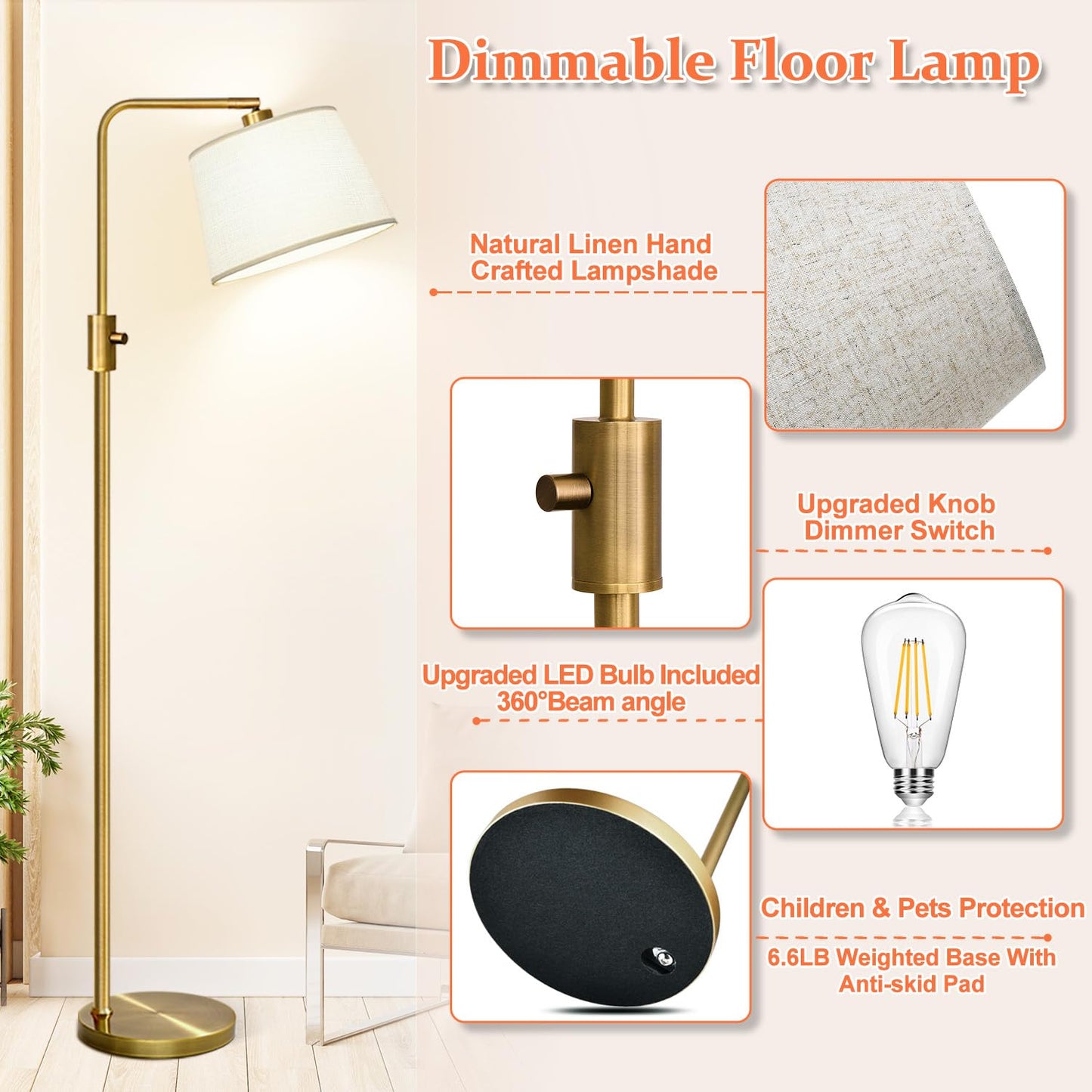 Nintiue Dimmable Floor Lamp, 1000 LM LED Edison Bulb Included, Arc Floor Lamps for Living Room Modern Standing Lamp Tall Lamps for Living Room Bedroom-Brass