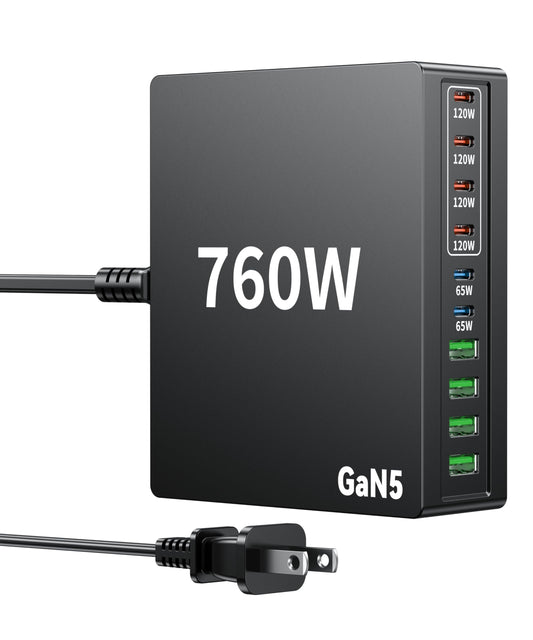 760W USB C Charger Block, 10 Port Fast Charging Station Hub PD 100W MacBook Charger Compatible with iPhone 17 Pro Max/Air/16 SE/15/MacBook Pro/Air/All iPad Max/Samsung Galaxy Note S25/Z Fold