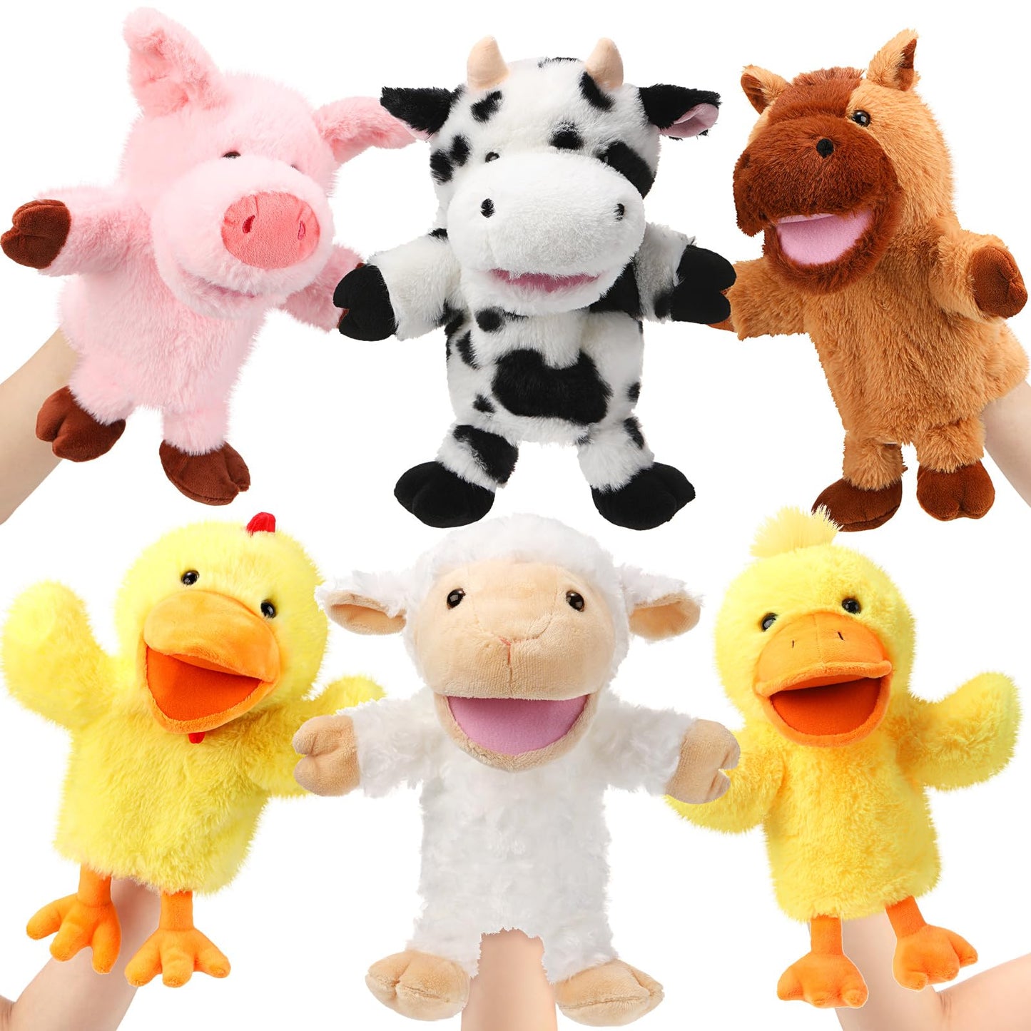 Lenwen 6 Pcs Operation Christmas Items Bulk Animal Hand Puppets with Working Mouth 10 Inches Plush Puppets for Toddler Kid Storytelling Imaginative Role Play Show Party Gifts(Farm Animal)