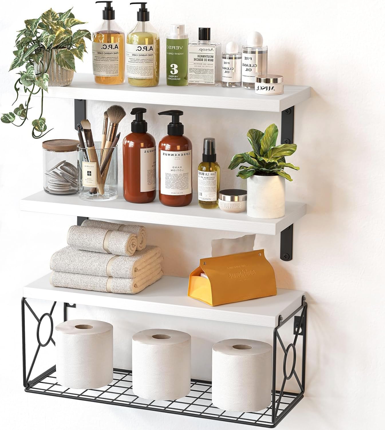 Amada Bathroom Shelves Over Toilet with Storage Basket, Floating Wall Shelf for Home Organization & Wall Decor, Bathroom/Kitchen/Living Room Shelves–White