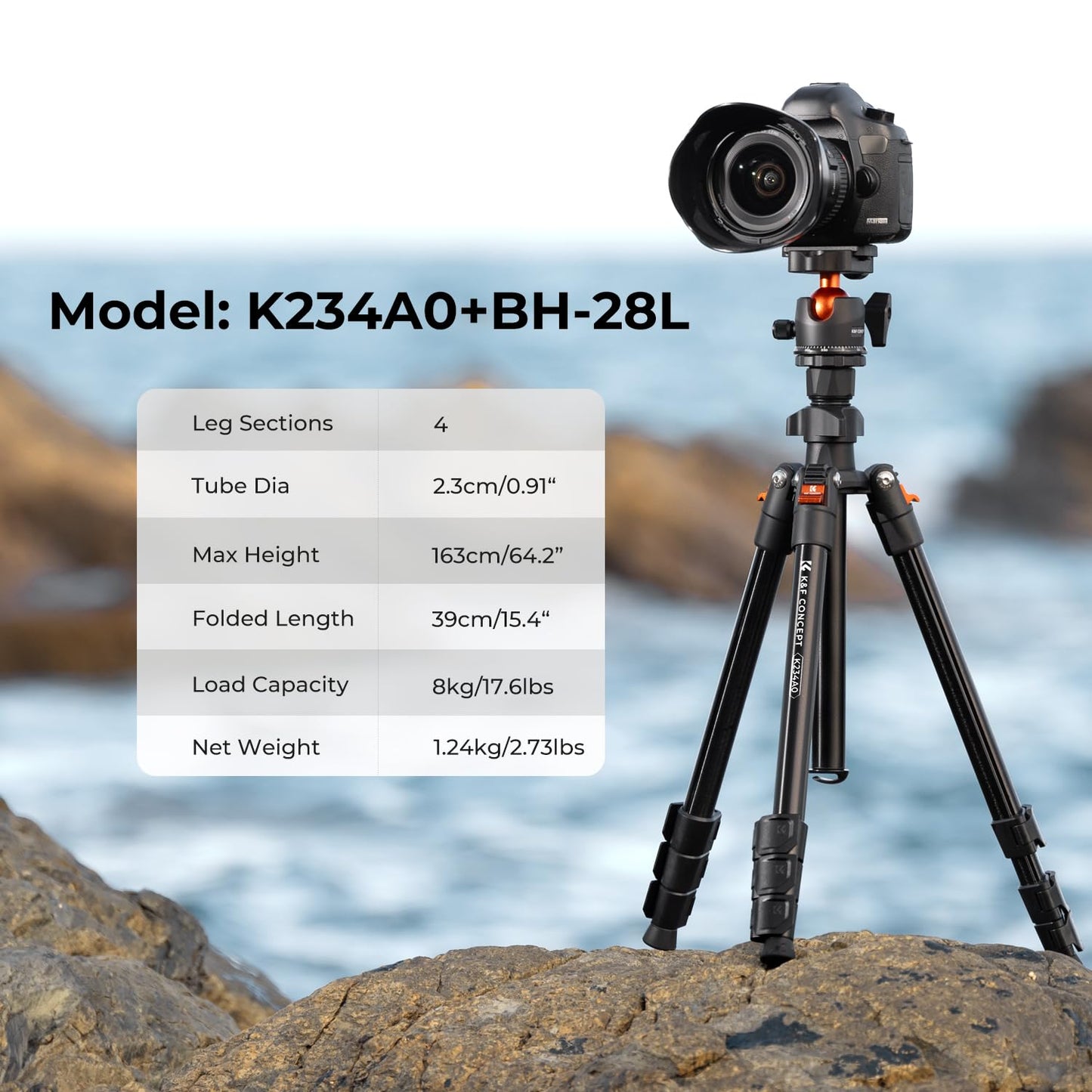K&F Concept 64 inch/163cm Camera Tripod,Lightweight Travel Outdoor DSLR Tripods with 360 Degree Ball Head Load Capacity 8kg/17.6lbs,Cellphone Clip for Smartphone Live Streaming Vlog K234A0+BH-28L