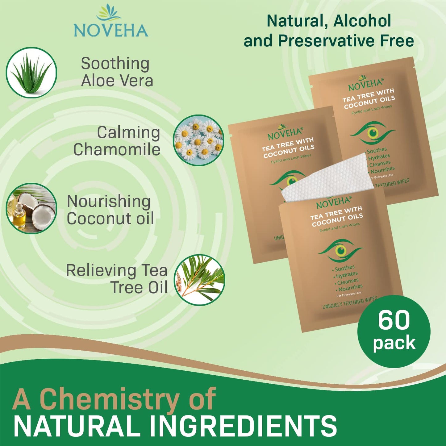 NOVEHA Tea Tree & Coconut Oil Eyelid & Lash Wipes | For Demodex, Blepharitis & Itchy Eyes - Effective Eyelash Wipes With Aloe Vera, Natural Makeup Remover & Daily Eye Cleanser - 60PCS (Pack of 3)