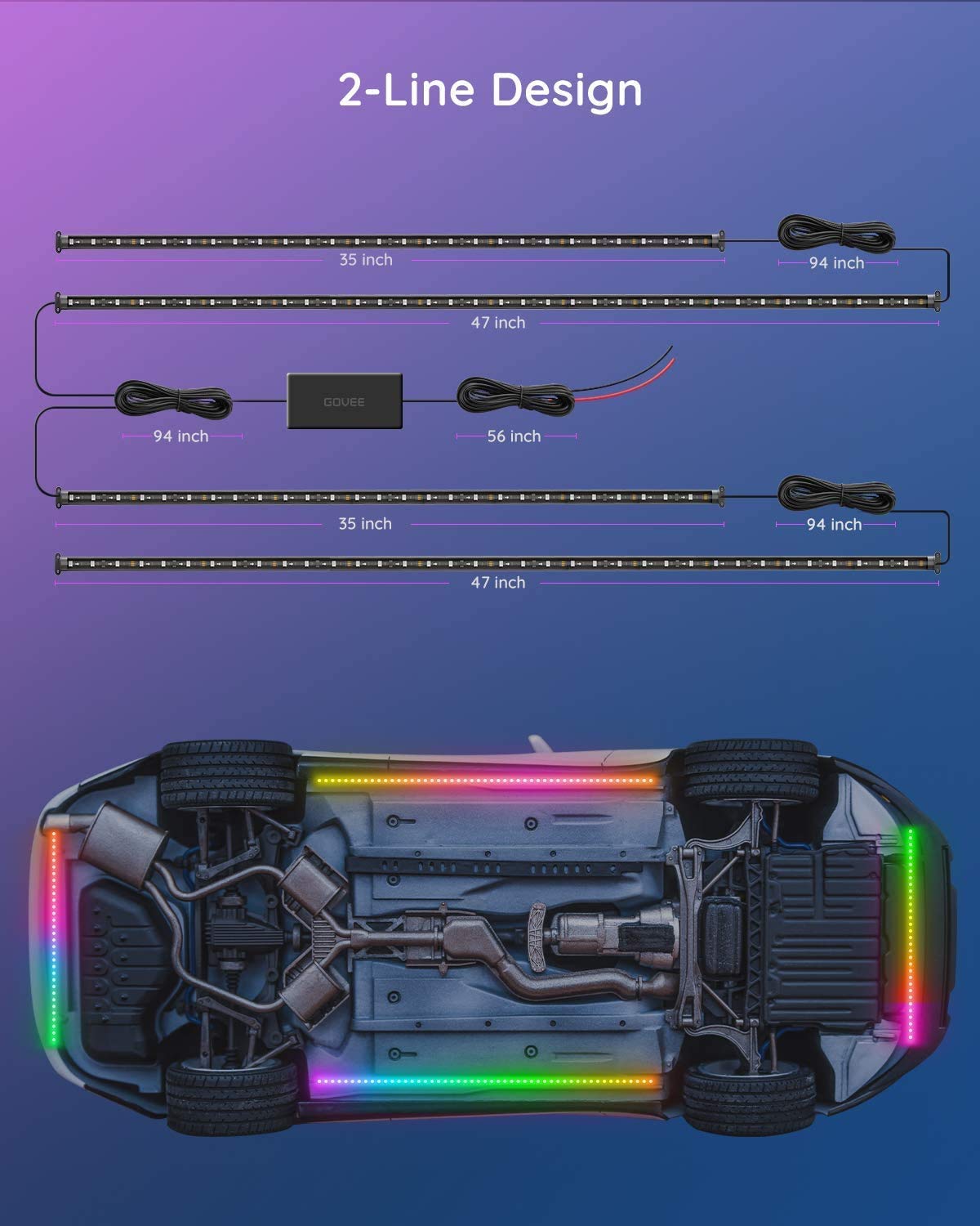 Govee Underglow Car Lights, 4pcs RGBIC Smart LED Lights for Cars with 16 Million Colors and 10 Scene Modes, App Control, Neon Accent Strip Lights for SUVs, Trucks, DC 12-24V