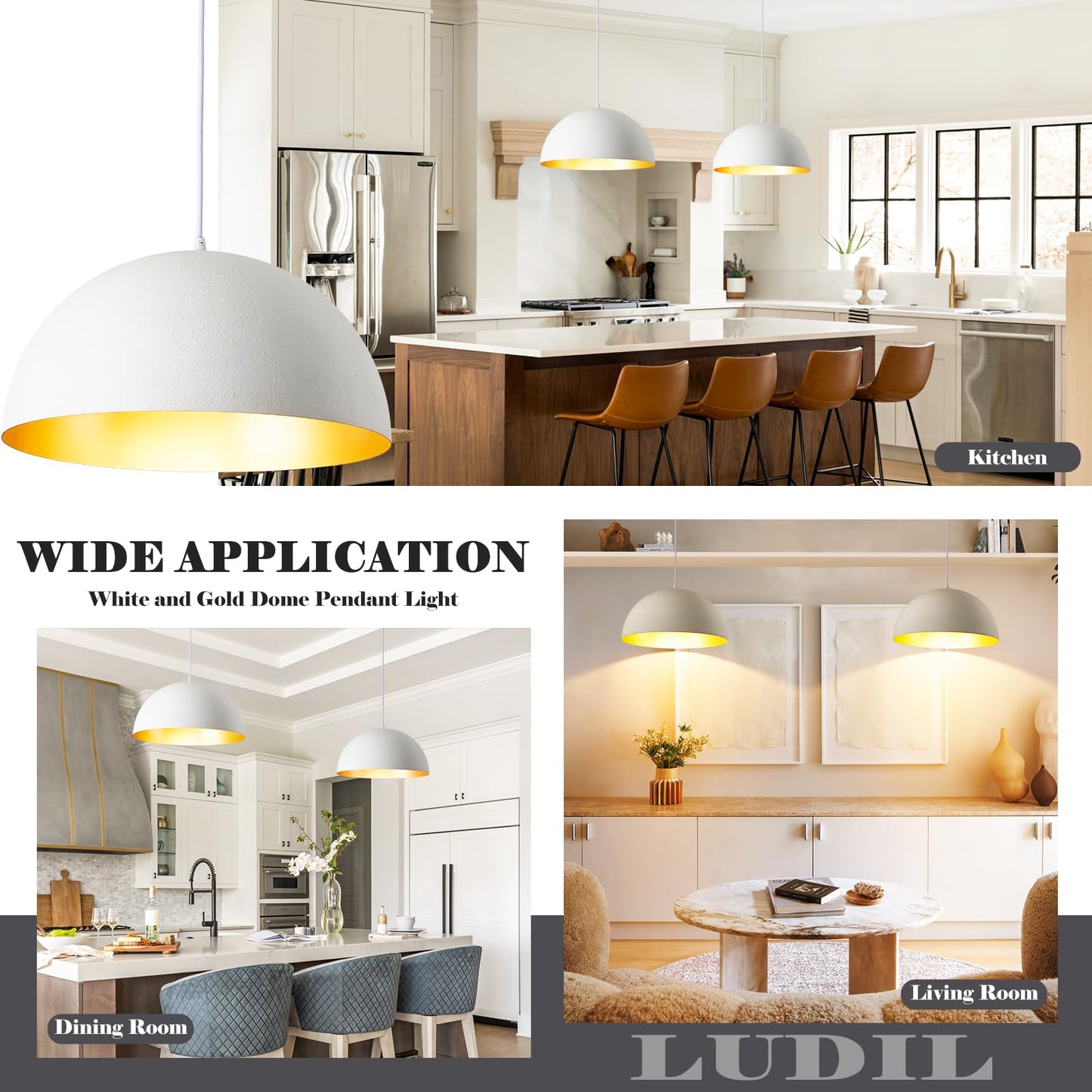 16” Large Dome Pendant Light Fixtures, White and Gold Hemispheric Pendant Lights Kitchen Island, Modern Adjustable Hanging Ceiling Light Chandelier for Kitchen Island Living Room Dining Room, 2 Pack