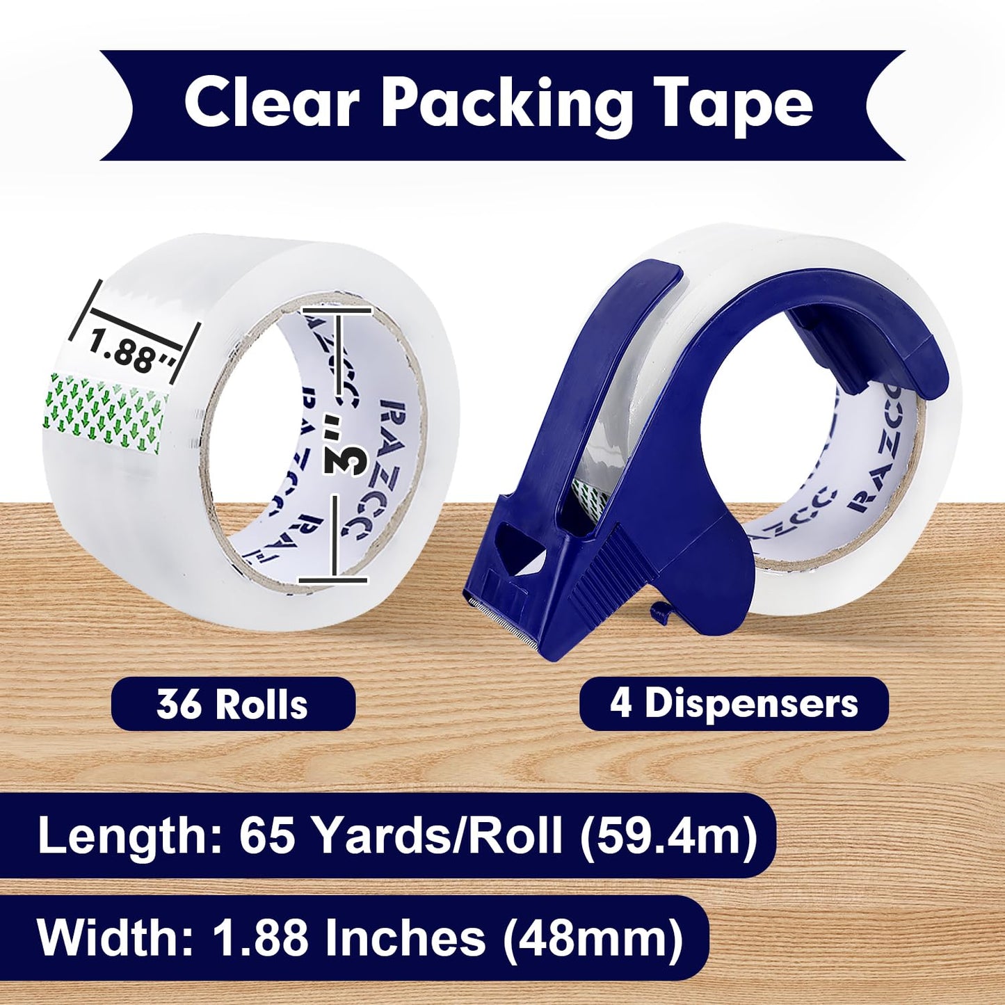 RAZCC Packing Tape, 36 Rolls Clear Heavy Duty Packaging Tape with Dispensers for Packing Shipping Moving Mailing, Thicker Sealing Tape - 1.88" x 65 Yard Per Roll, 2340 Total Yards