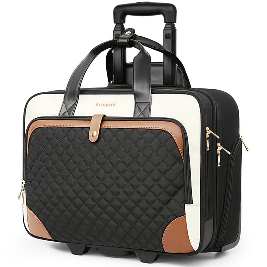 Arcoyard Rolling Laptop Bag, Rolling Briefcase for Women with Waterproof Pocket, 17.3 Inch Computer Bag, Underseat Carry On Luggage with Wheels for Work Travel Business, Lightweight Beige Brown